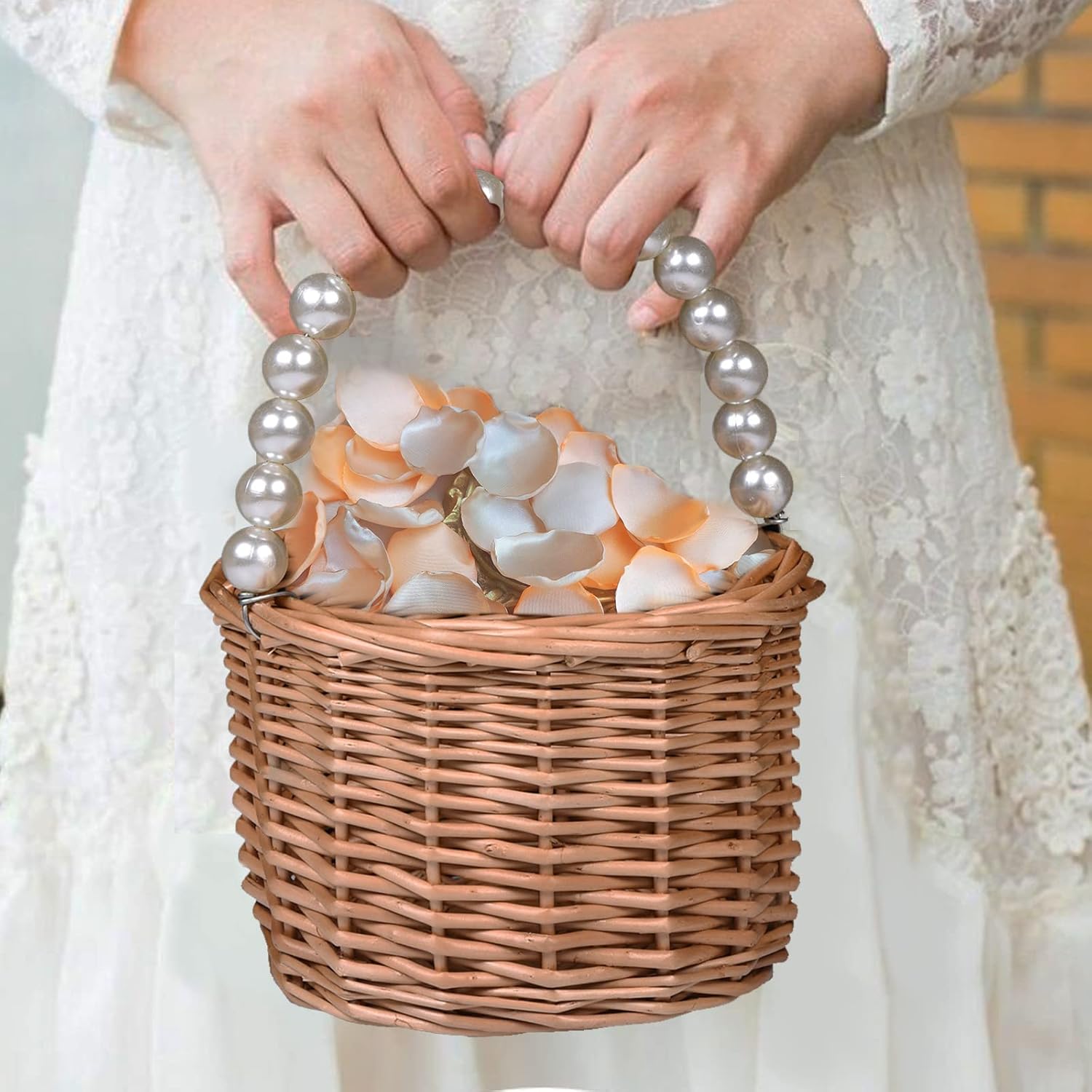 Wicker Rattan Flower Girl Basket with Pearl Handle