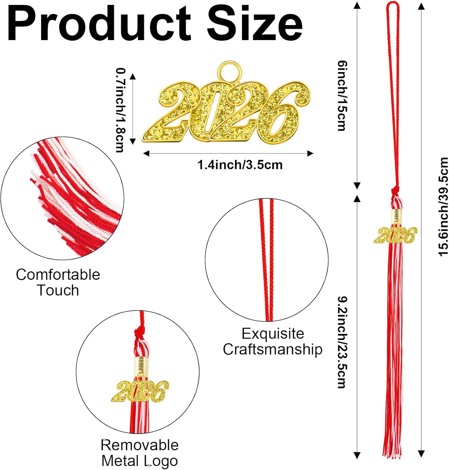 2026 Red White Graduation Tassel with Golden Charm