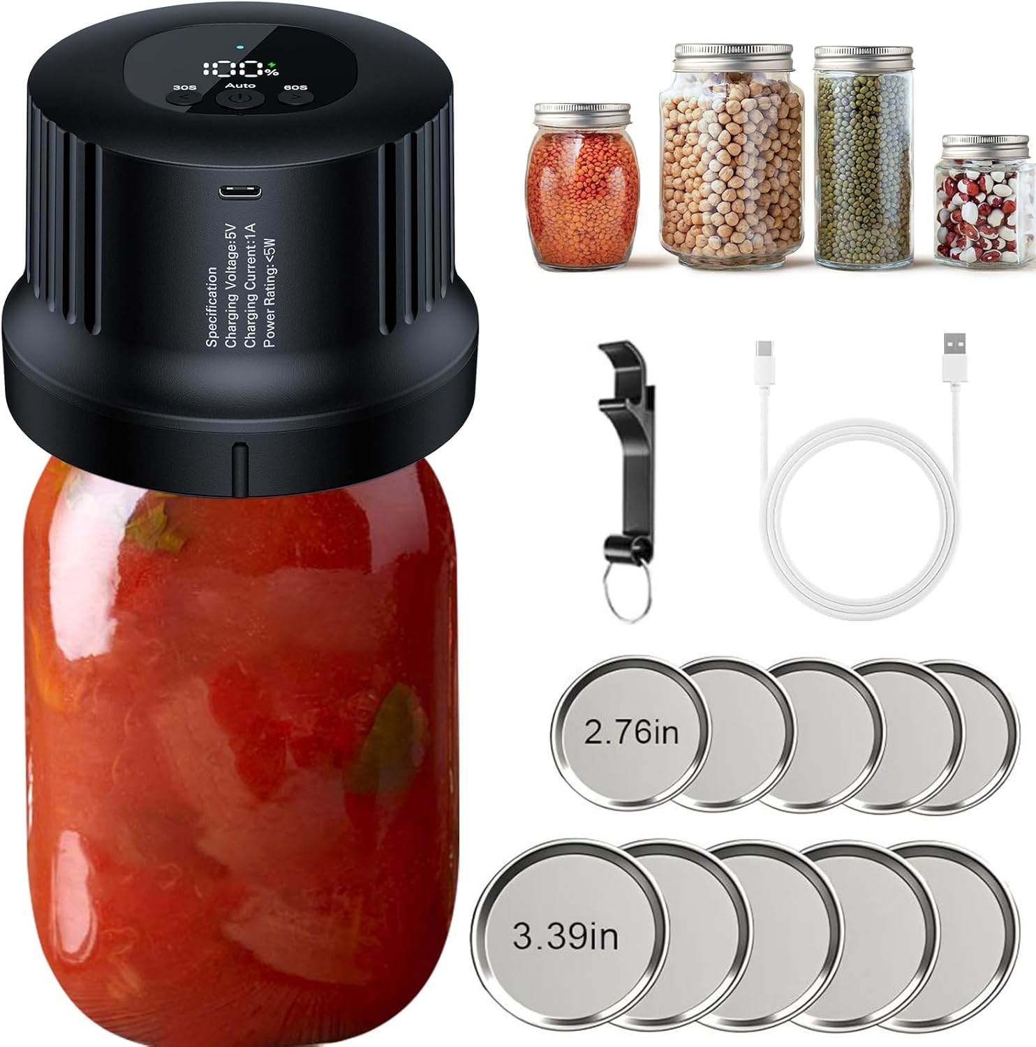 YANOY Electric Mason Jar Vacuum Sealer Kit - 2024 Smart Upgrade Black