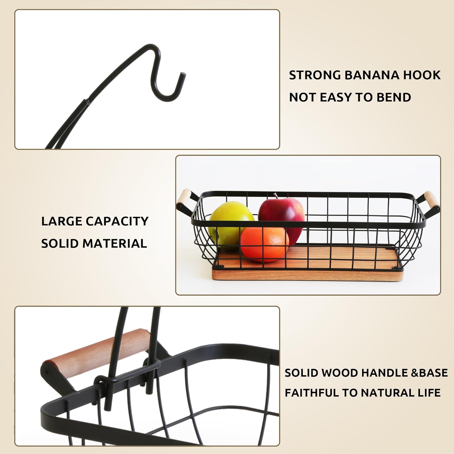 WILDMOS Rectangular Fruit Basket with Banana Hanger and Metal Wire Frame