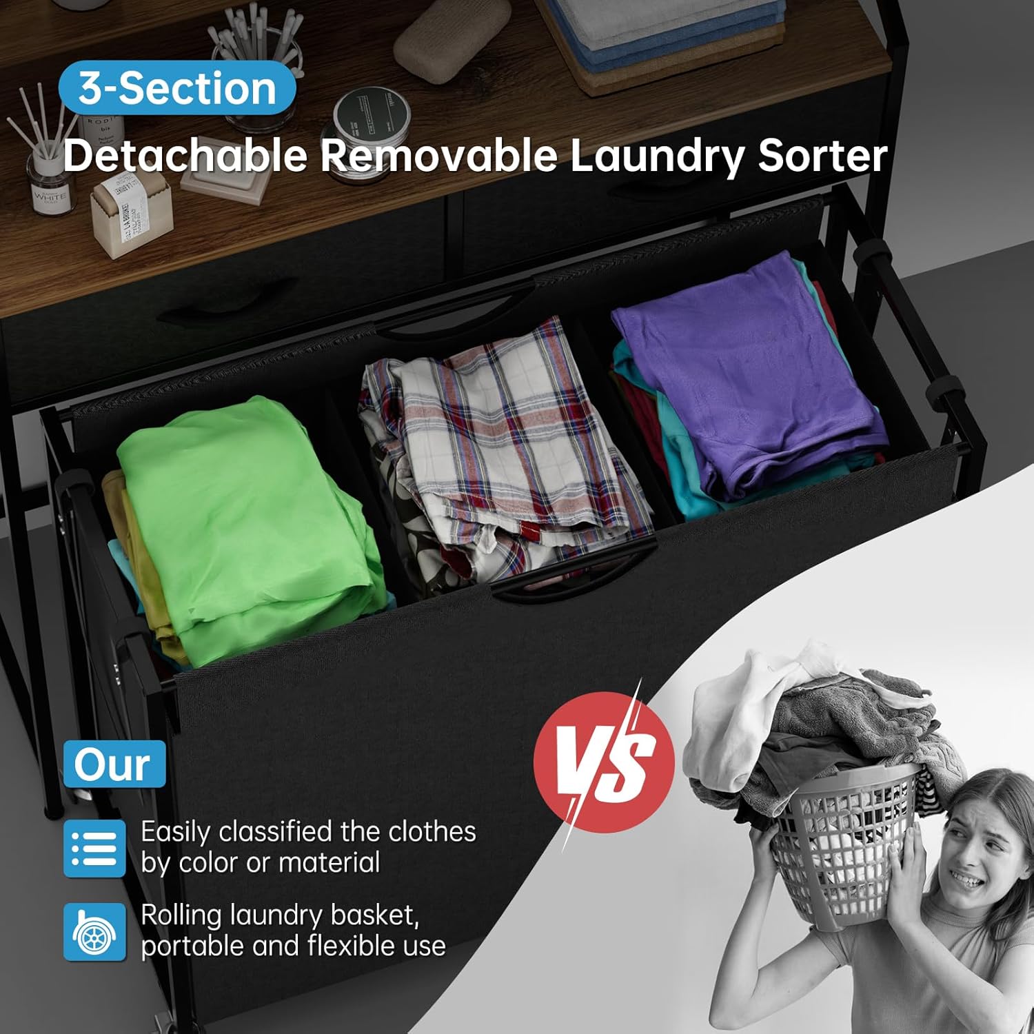 2 Tier Laundry Sorter with 3 Sections and Wheels
