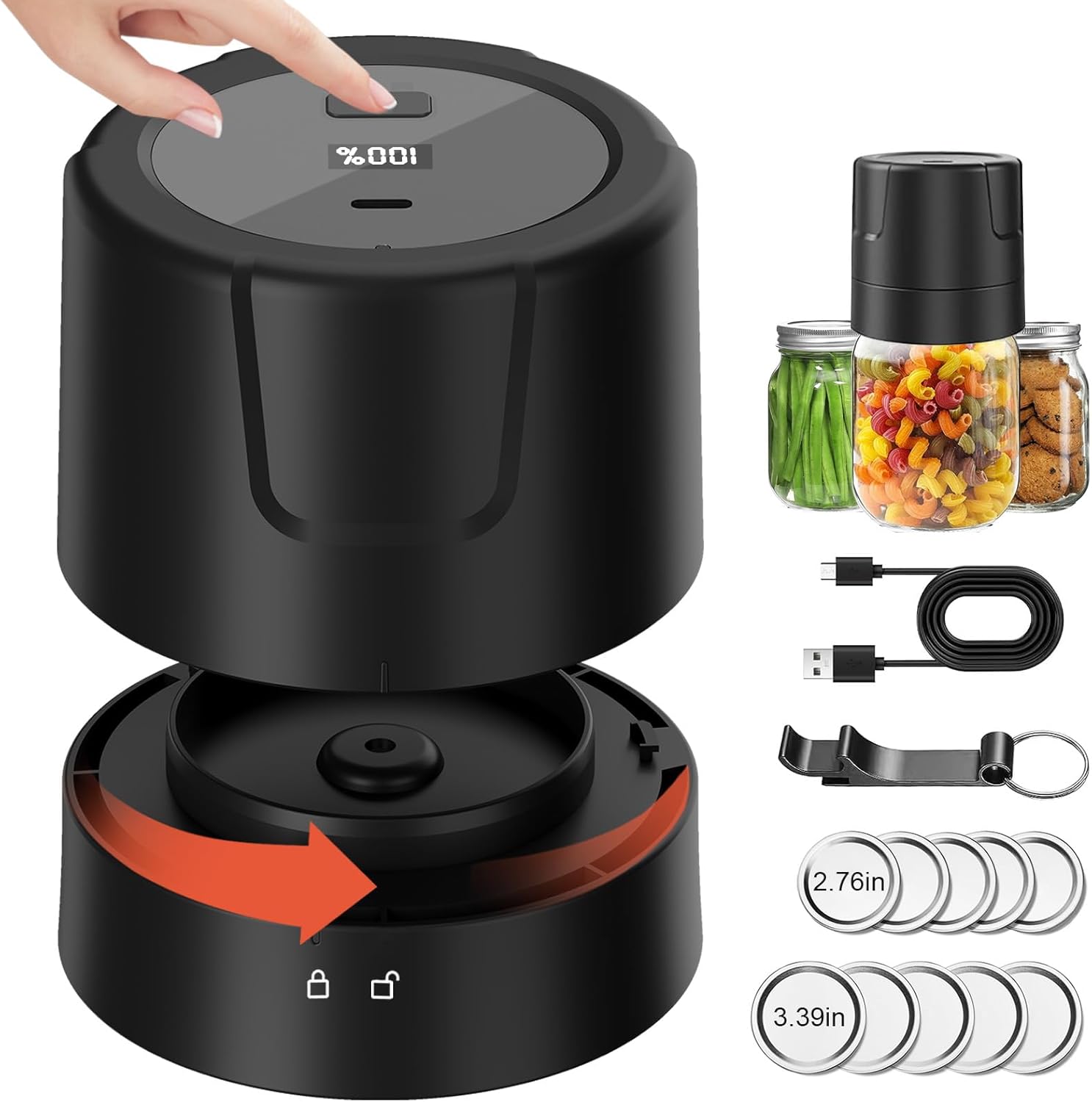 Electric Mason Jar Vacuum Sealer with 5 Regular 5 Wide Mouth Lids