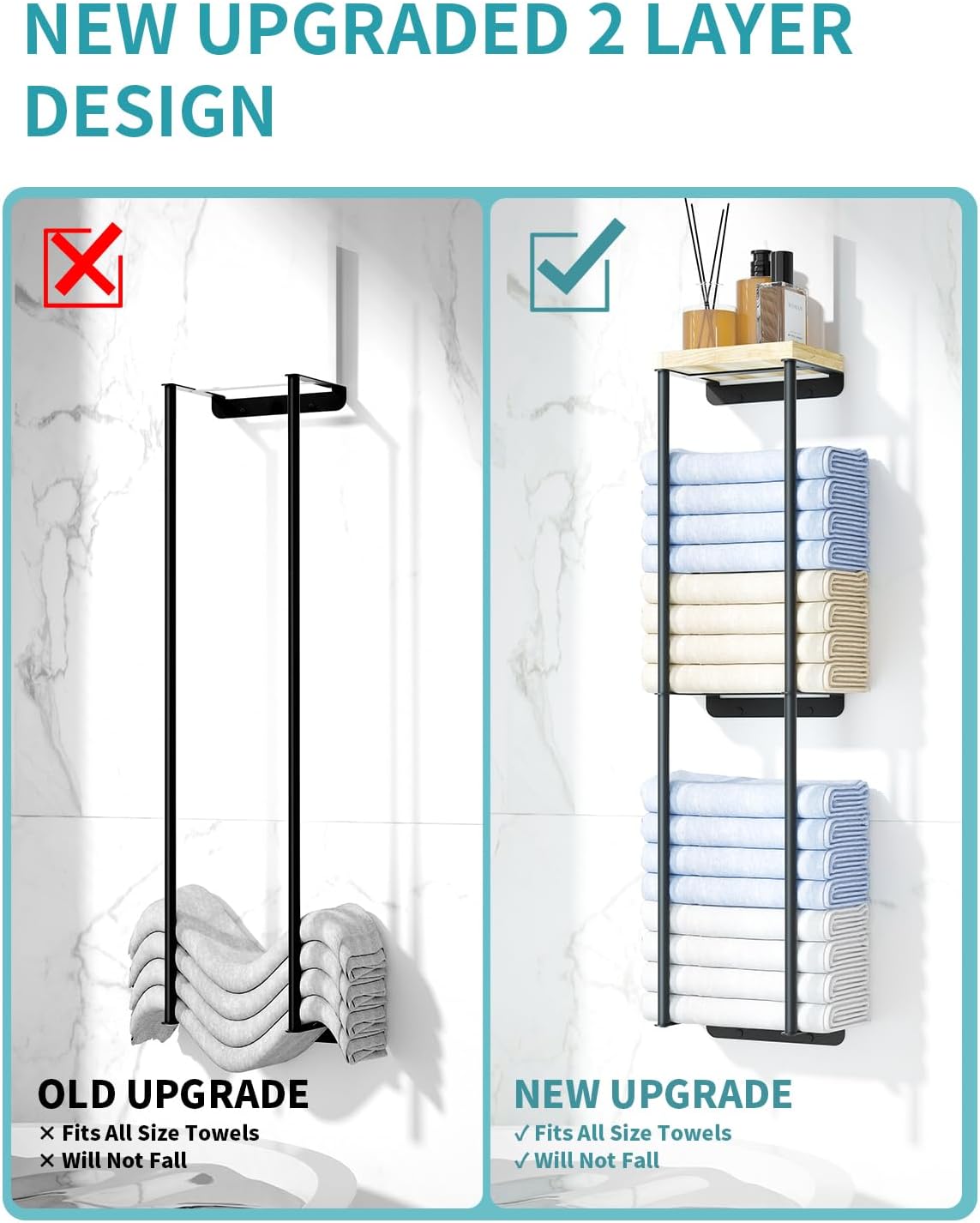 Anfeichen 2 Tier Towel Rack with Wood Shelf Black