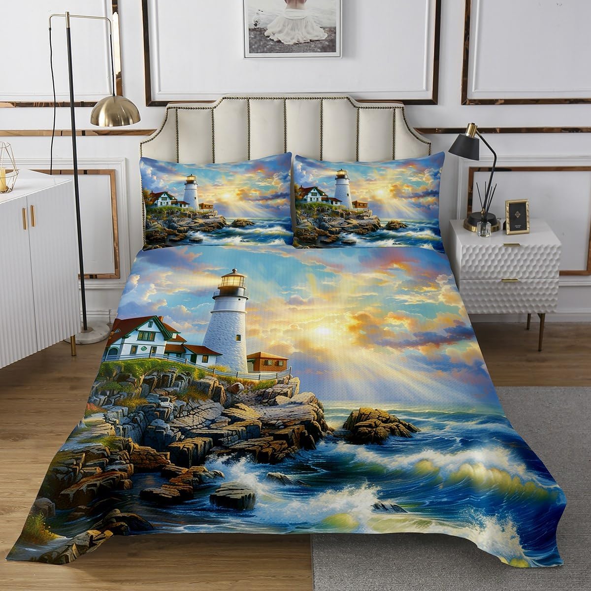 Erosebridal 3D Lighthouse Bedspread Set Ocean Theme Kids
