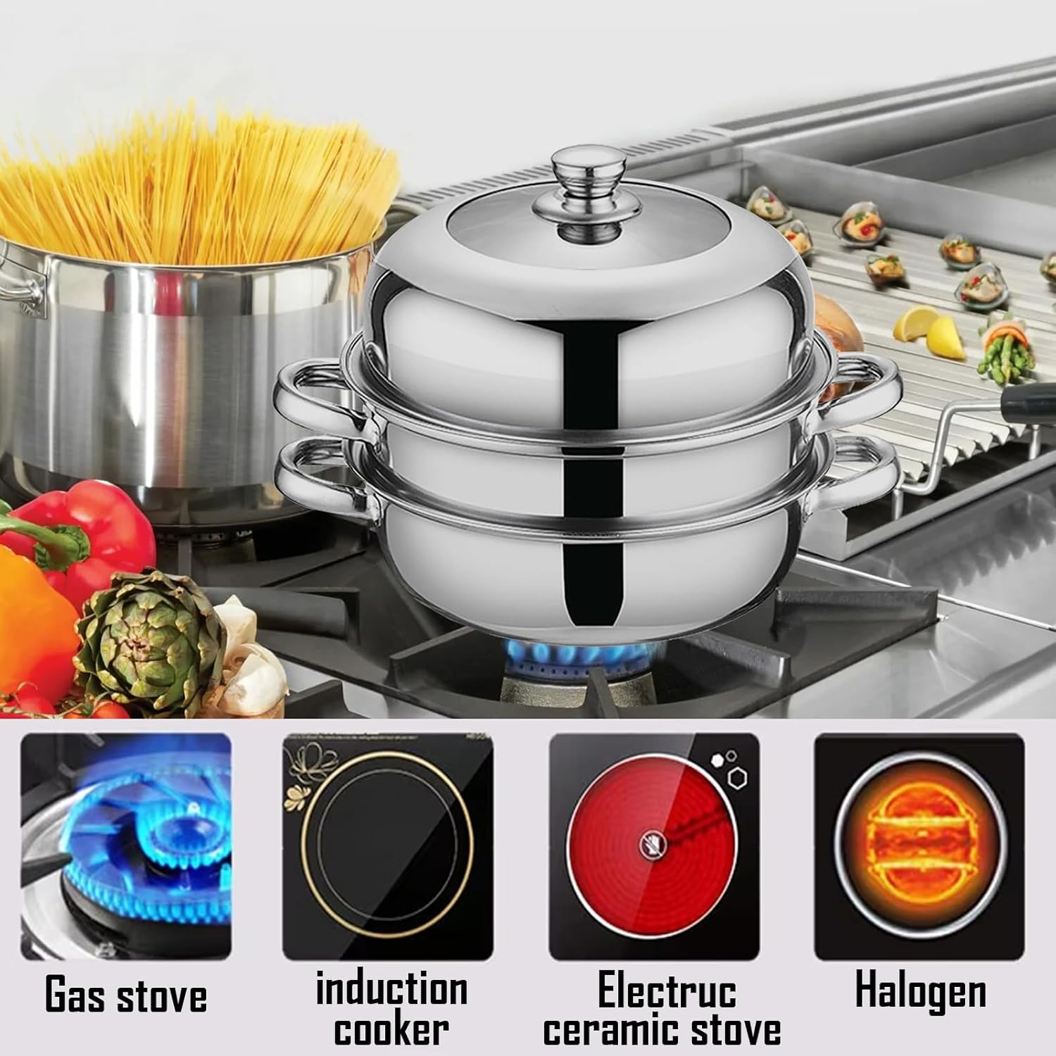 11 Inch Stainless Steel 2-Tier Steamer Pot with Lid