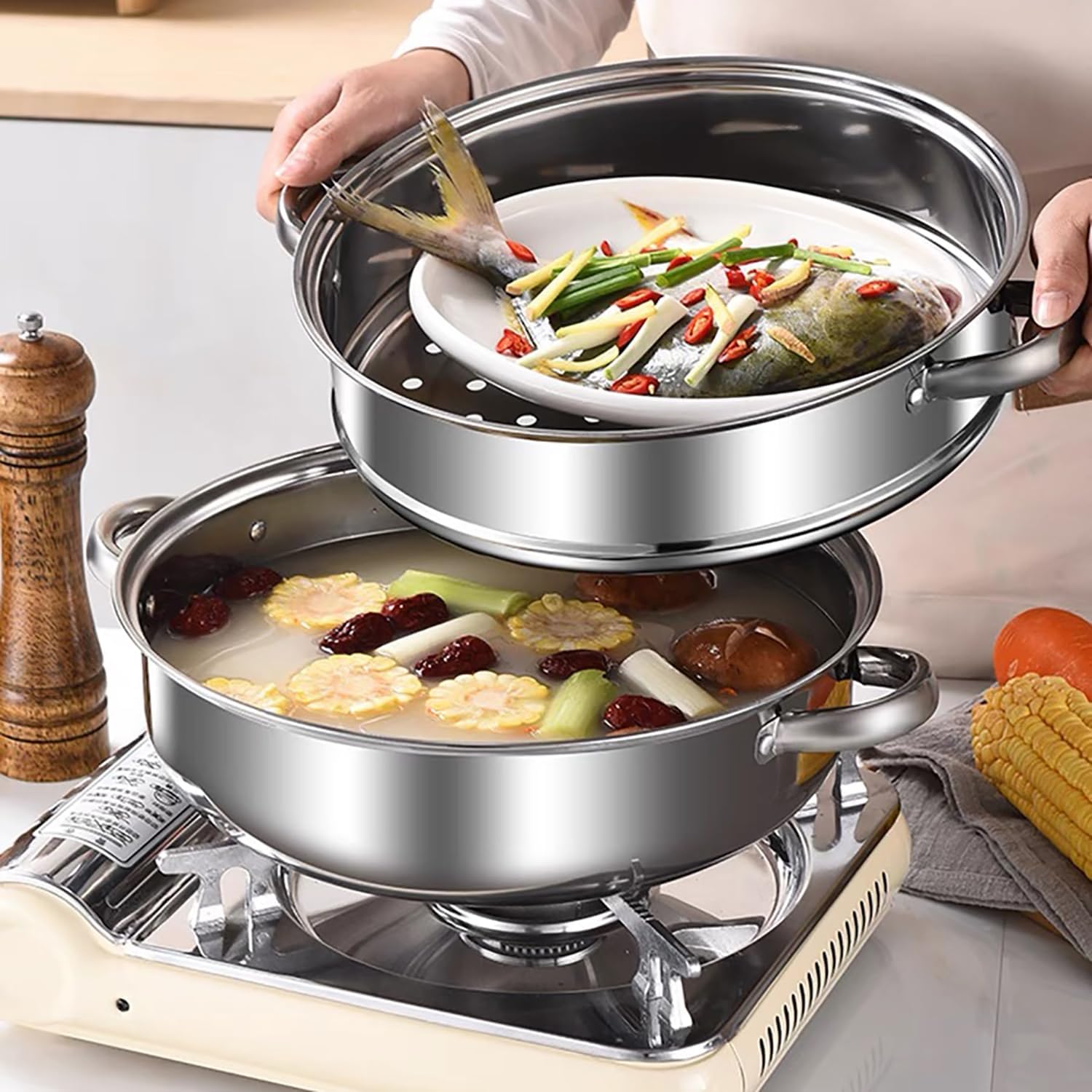 11 Inch Stainless Steel 2-Tier Steamer Pot with Lid