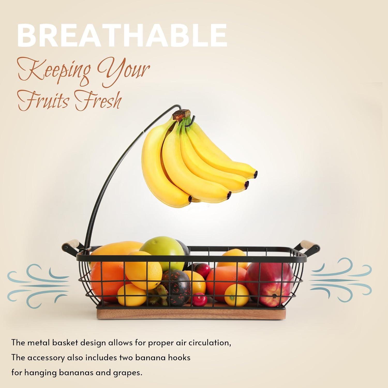 WILDMOS Rectangular Fruit Basket with Banana Hanger and Metal Wire Frame