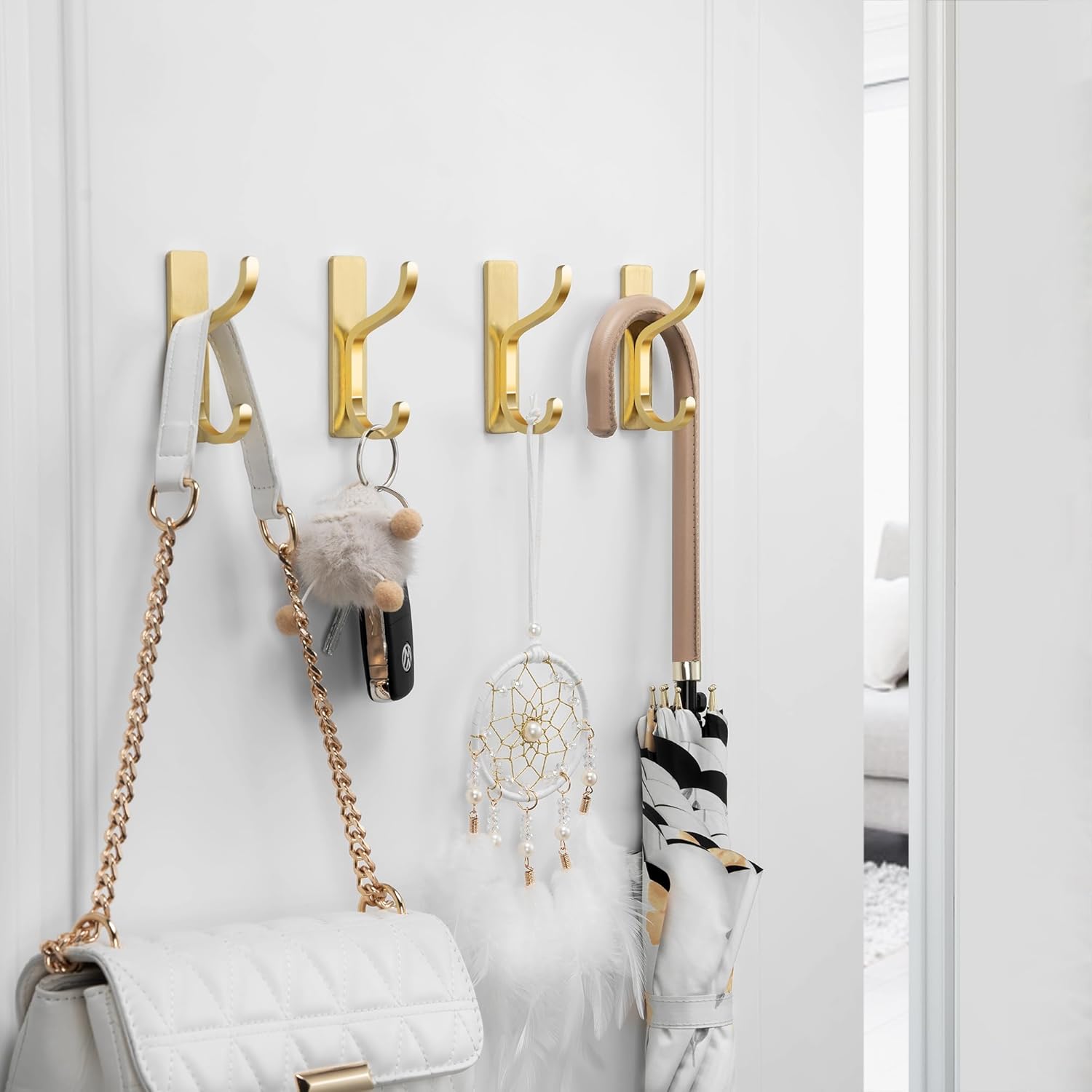 Self Adhesive Wall Hooks 4 Pack Gold Metal