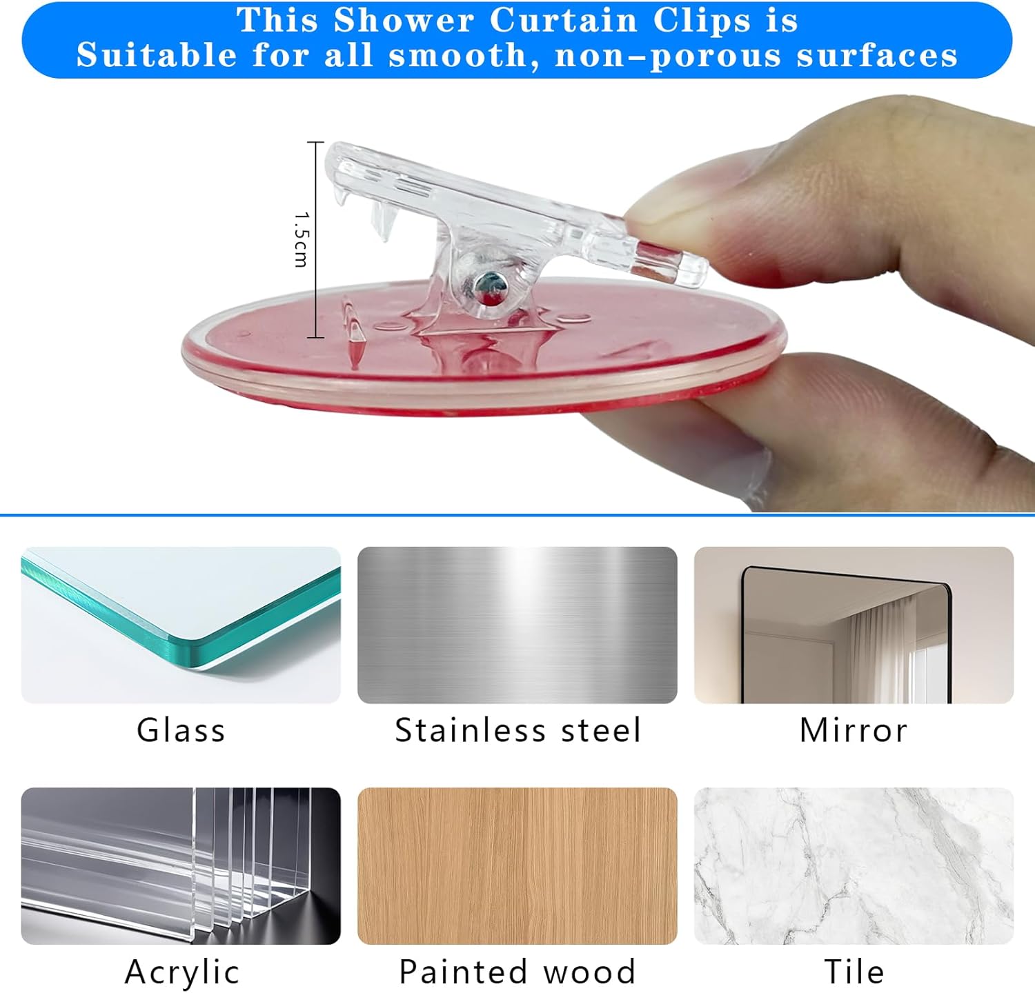 4 Pack Clear Shower Curtain Clips with Self Adhesive Windproof Splash Guard