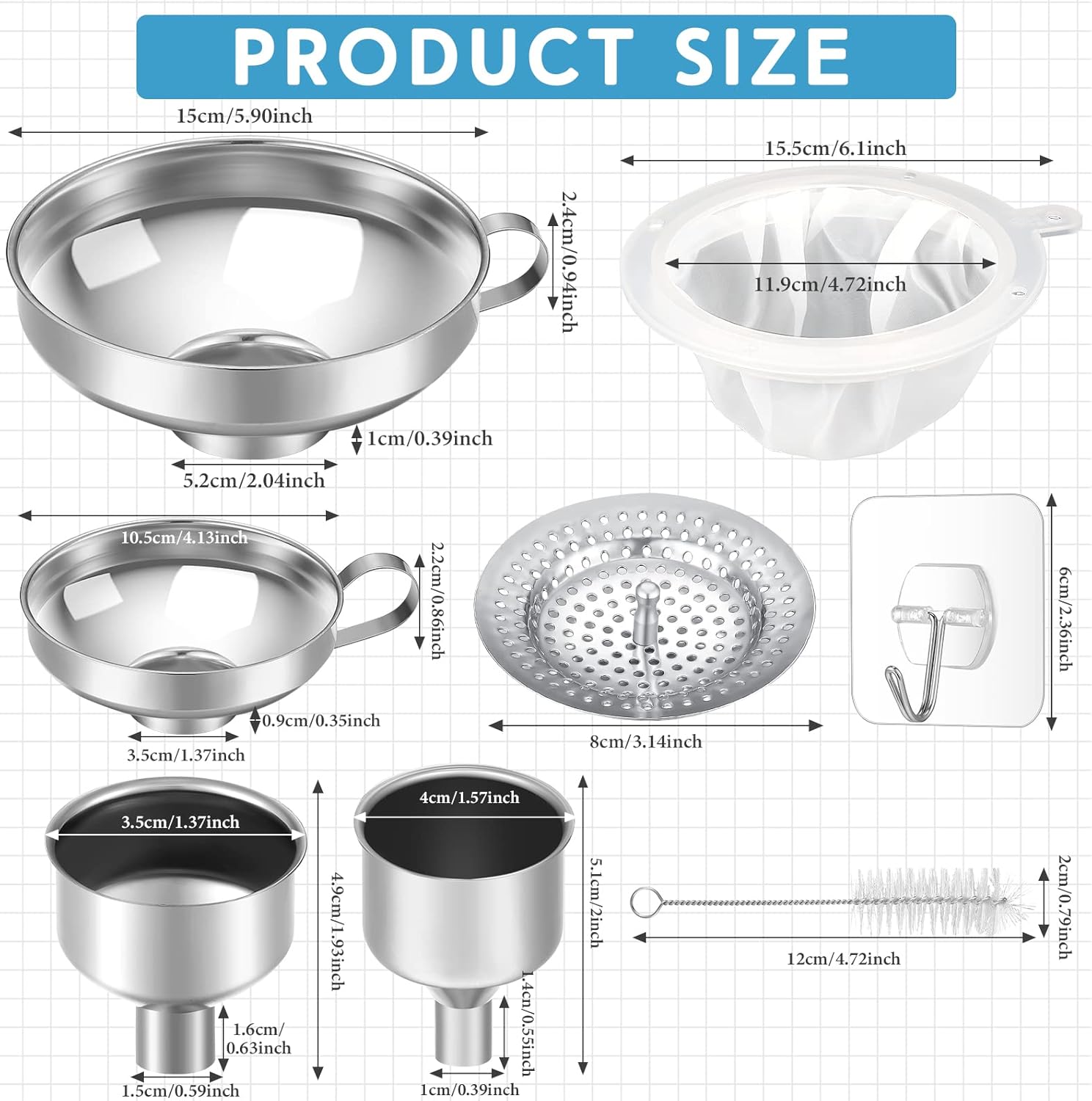 Gejoy 12 Pcs Metal Canning Funnels Set with Strainer and Adhesive Hooks