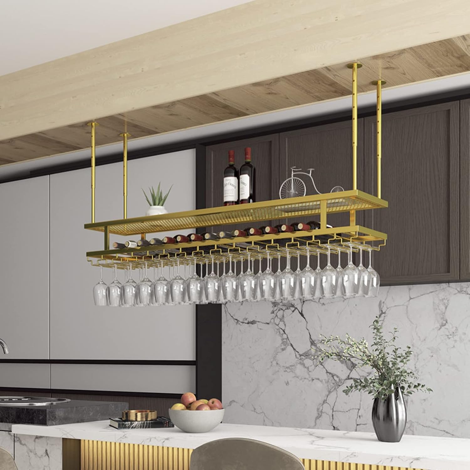 DASHADAO Ceiling Hanging Wine Glass Rack 2 Layer