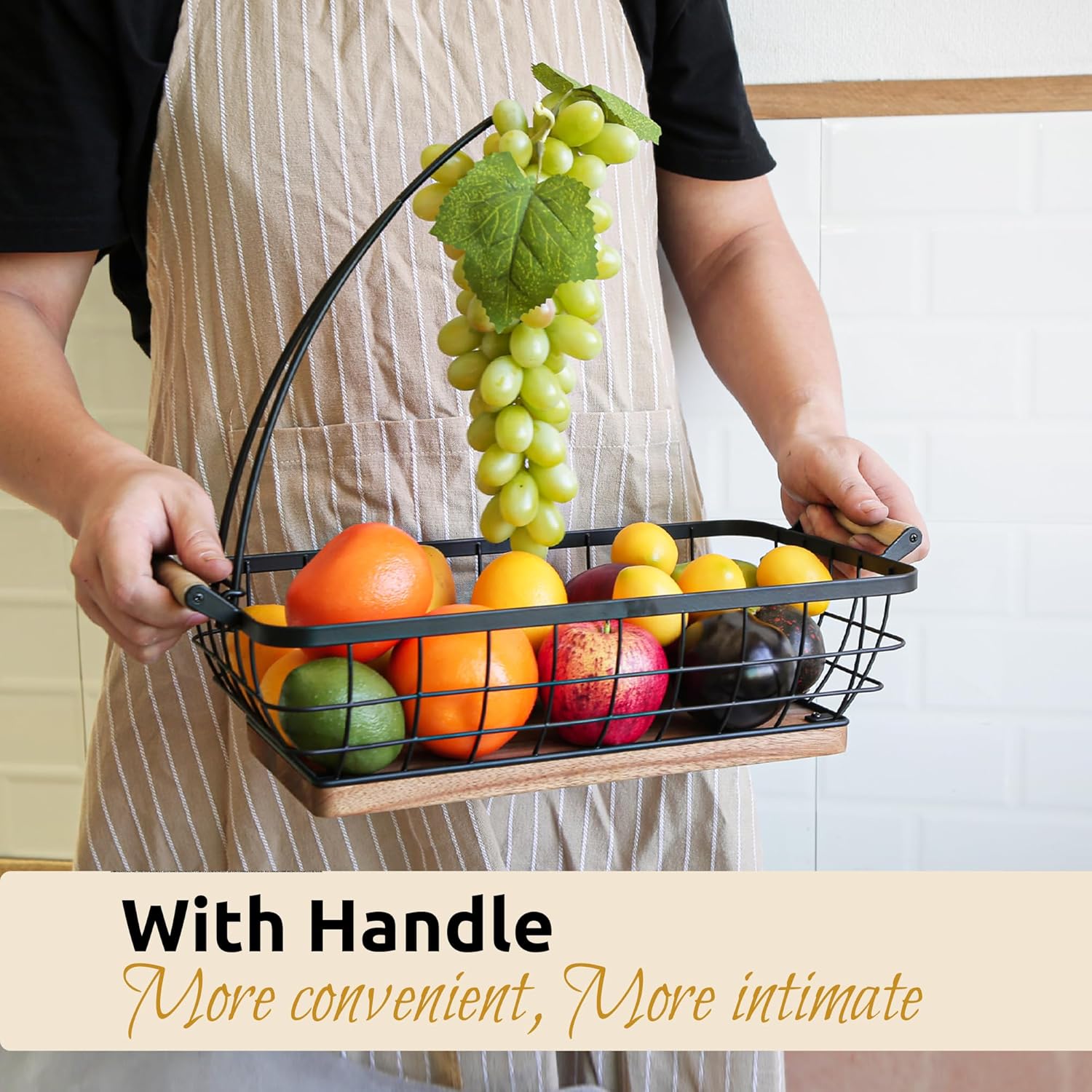 WILDMOS Rectangular Fruit Basket with Banana Hanger and Metal Wire Frame
