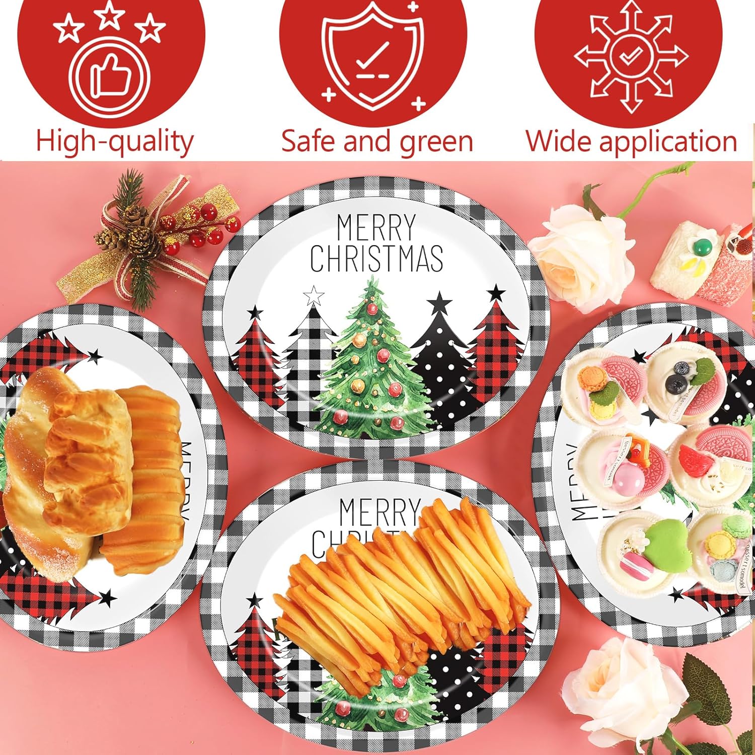 CHUNNIN 50Pcs Christmas Tree Plaid Paper Plates