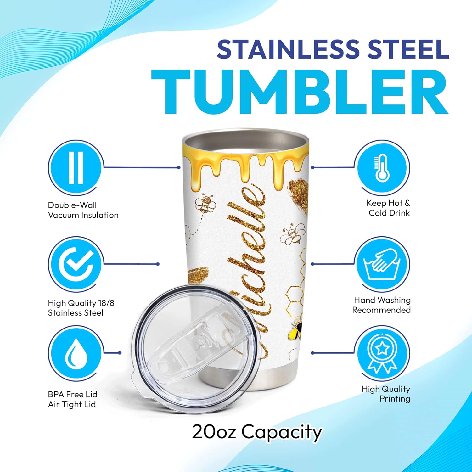 Bee Happy Custom Name Stainless Steel Tumbler 20oz With Lid