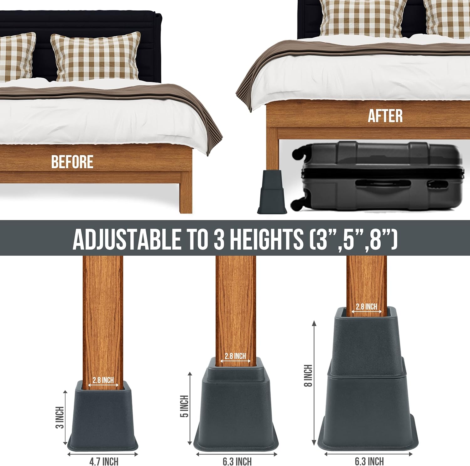 Utopia Bedding Bed Risers Set of 4 3 5 8 Inch Grey