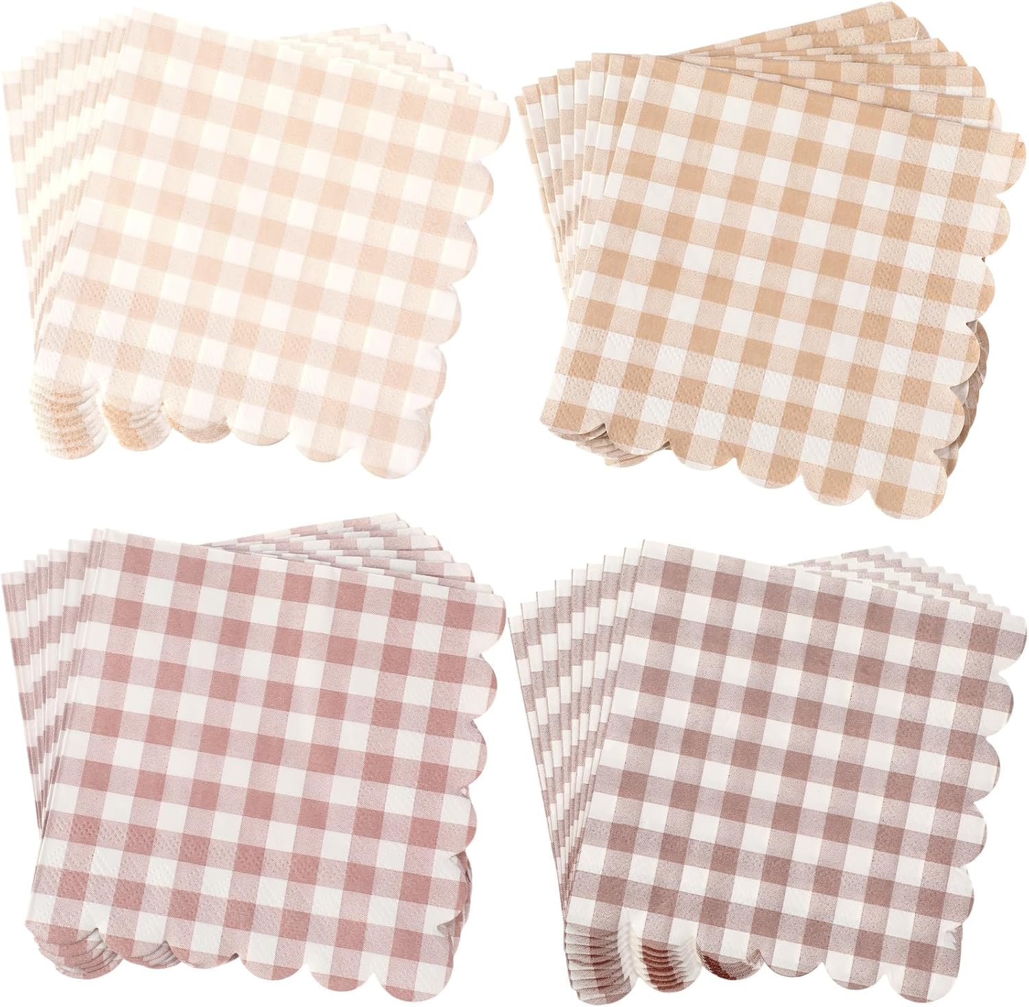 240 Pcs Scalloped Gingham Plaid Cocktail Napkins Khaki