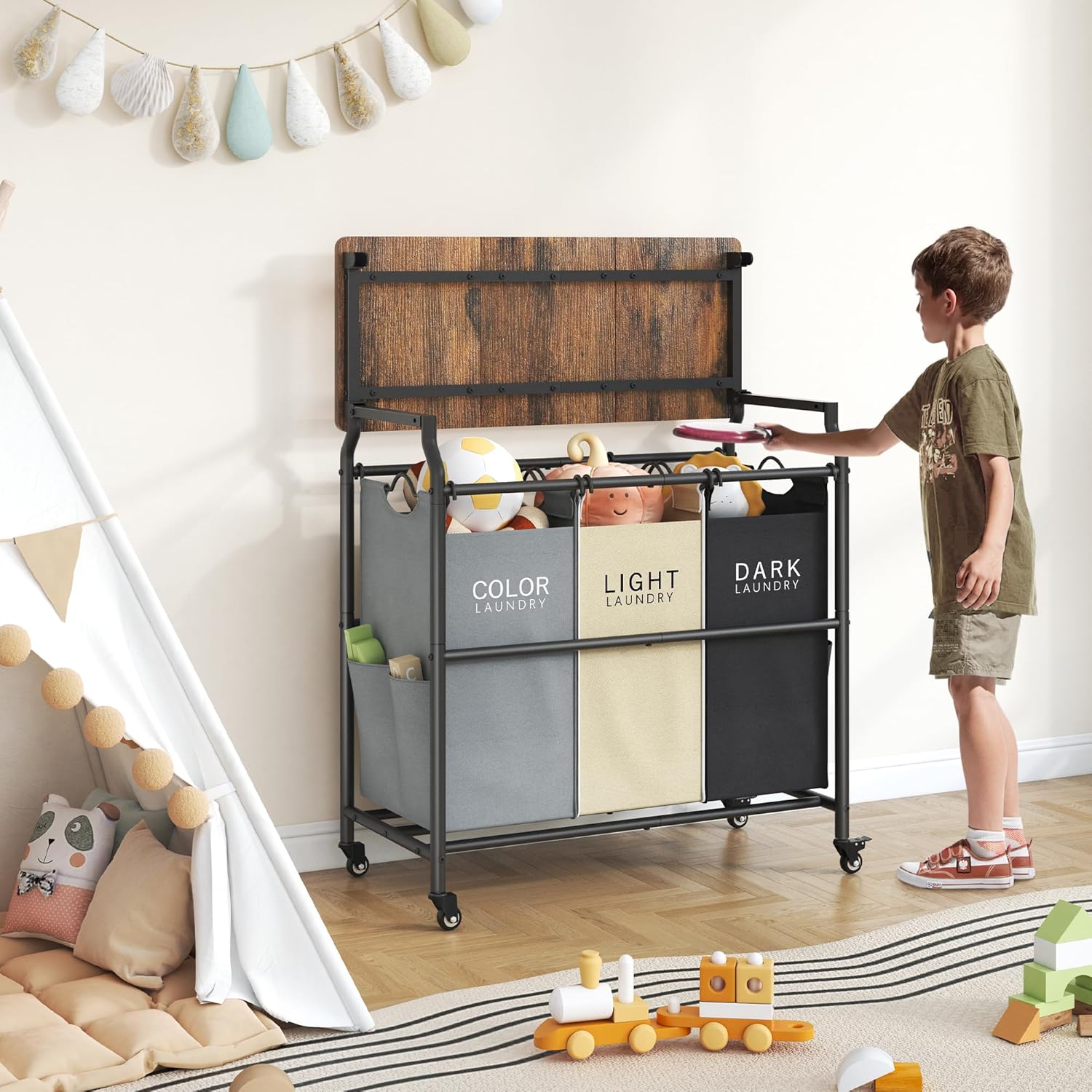 Hoctieon 3 Section Laundry Sorter Cart with Ironing Board