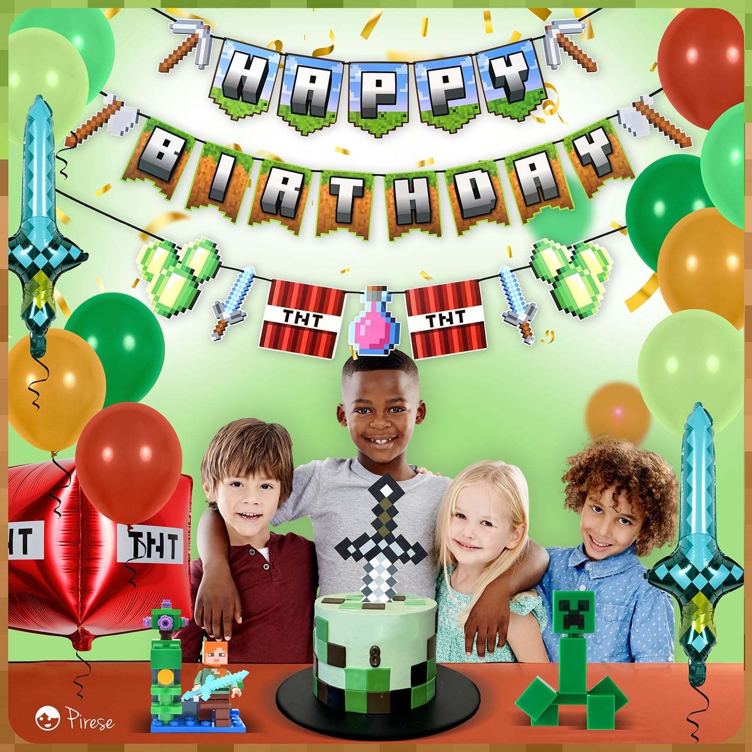 Pirese Pixel Birthday Banner with Foil Balloons and Sign