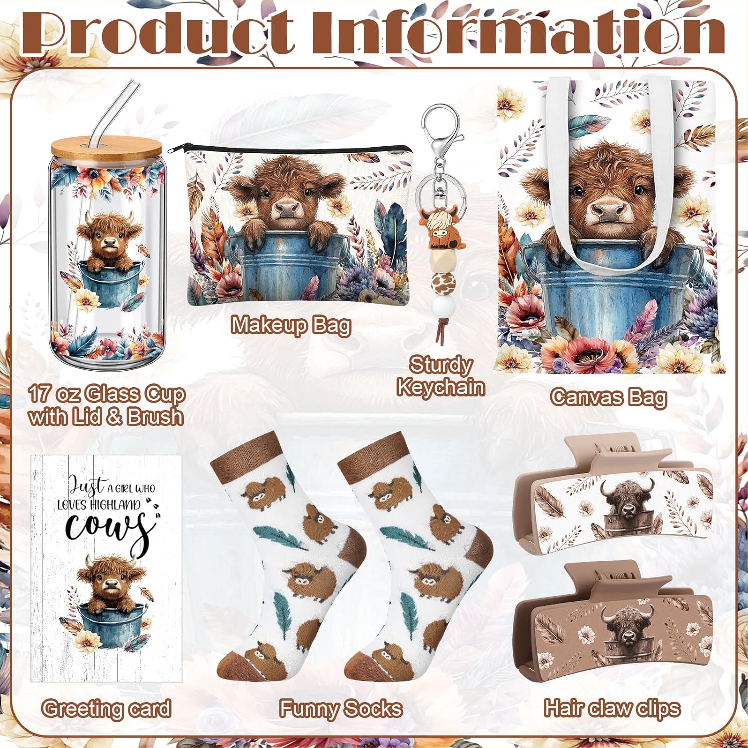 Skylety 8 Pcs Western Highland Cow Gift Set for Women