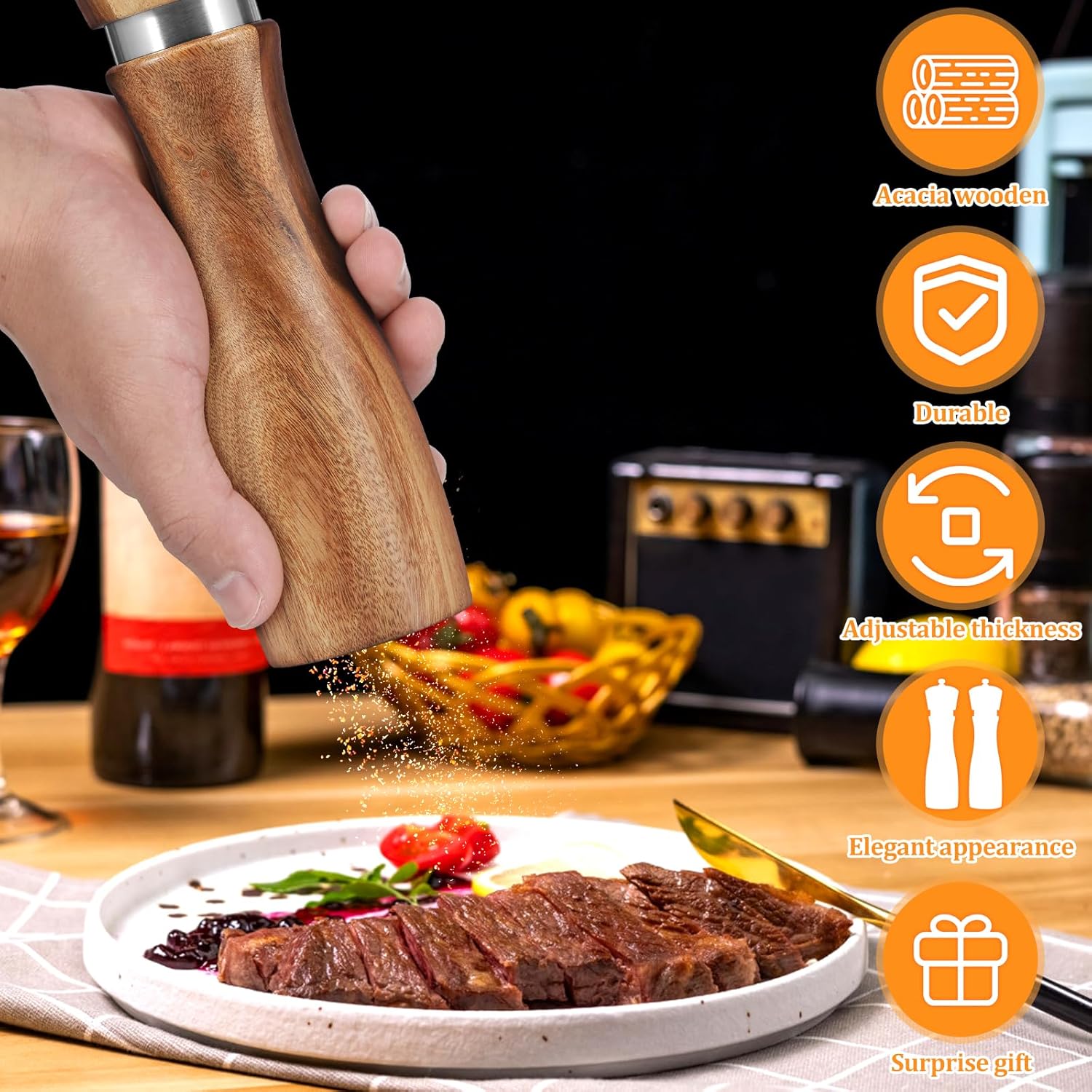 2Pcs Wood Salt and Pepper Grinder Set with Adjustable Coarseness