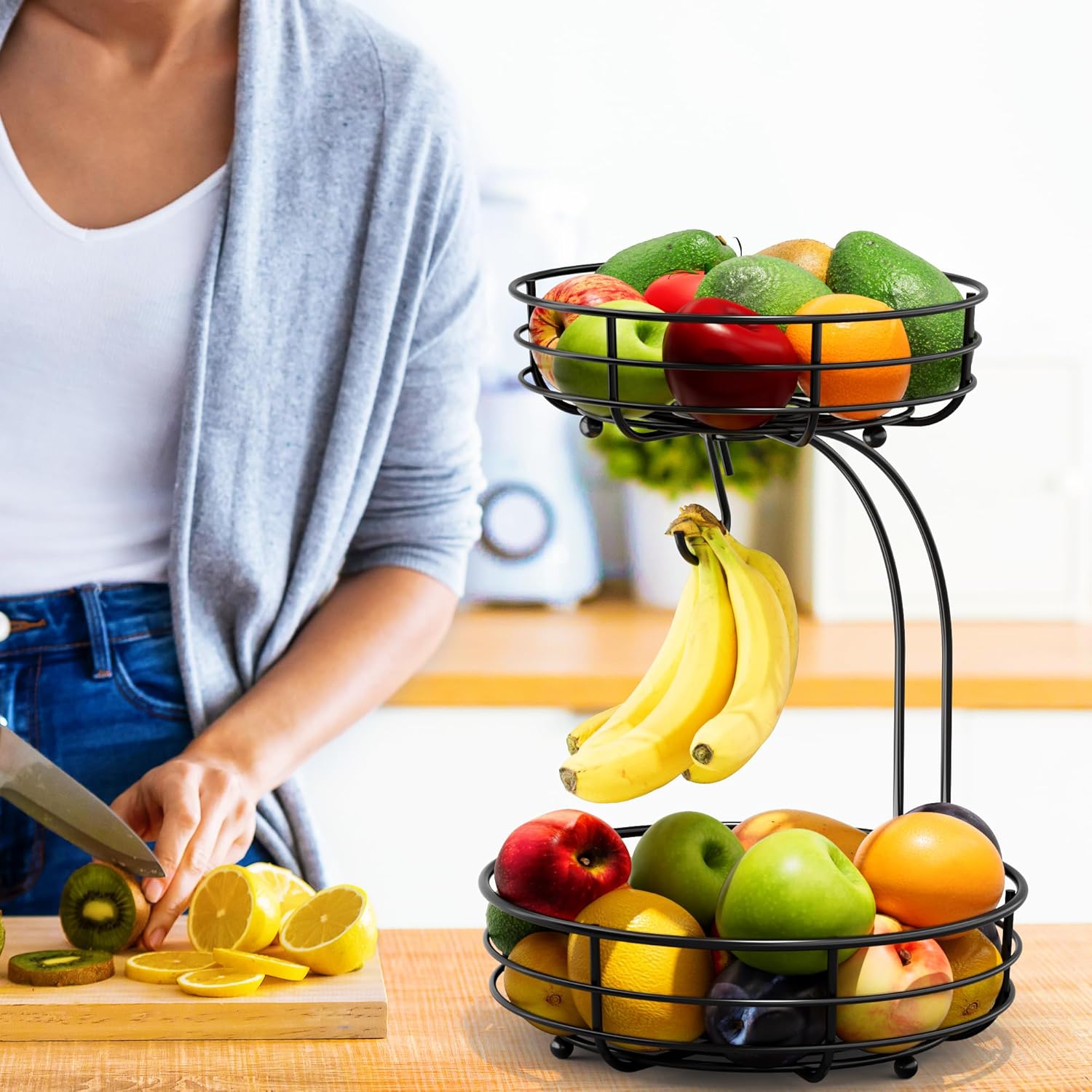 Bextsrack 2-Tier Fruit Basket with Banana Hanger Black