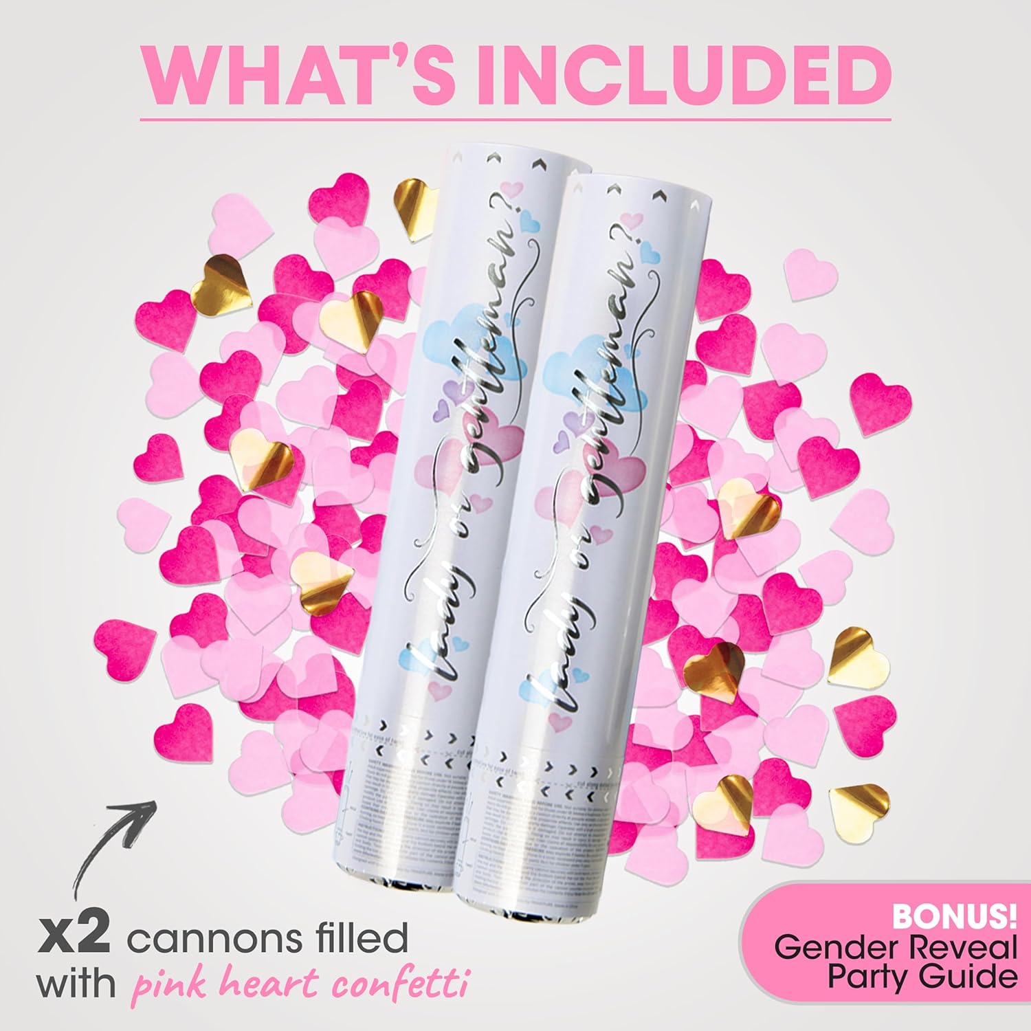 PrimePure Pink Heart Shaped Confetti Cannon - 2 Pack Gender Reveal Party Poppers
