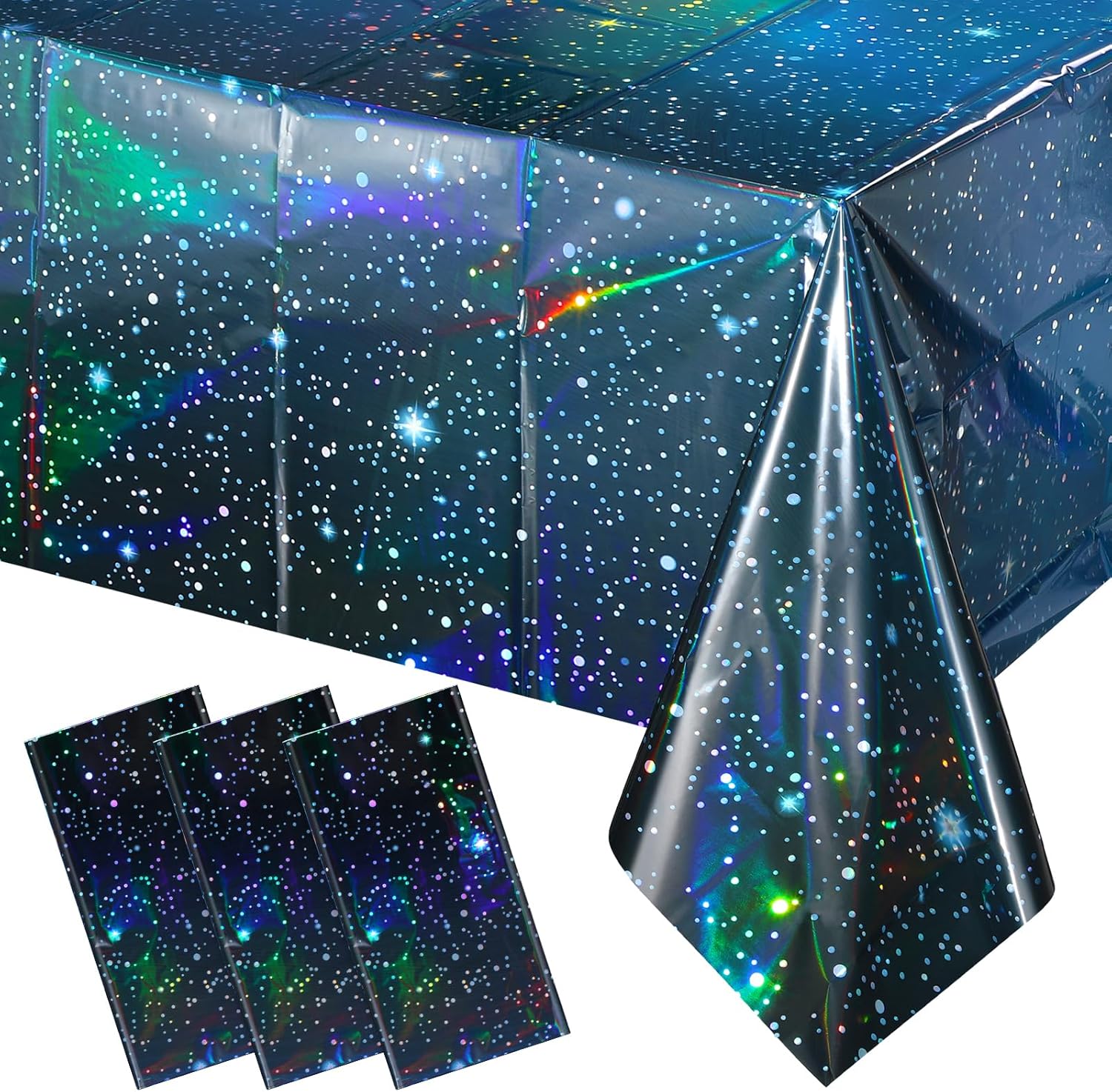 3Pcs Iridescent Space Tablecloths 54x108 Inch Blue Galaxy Party Decorations