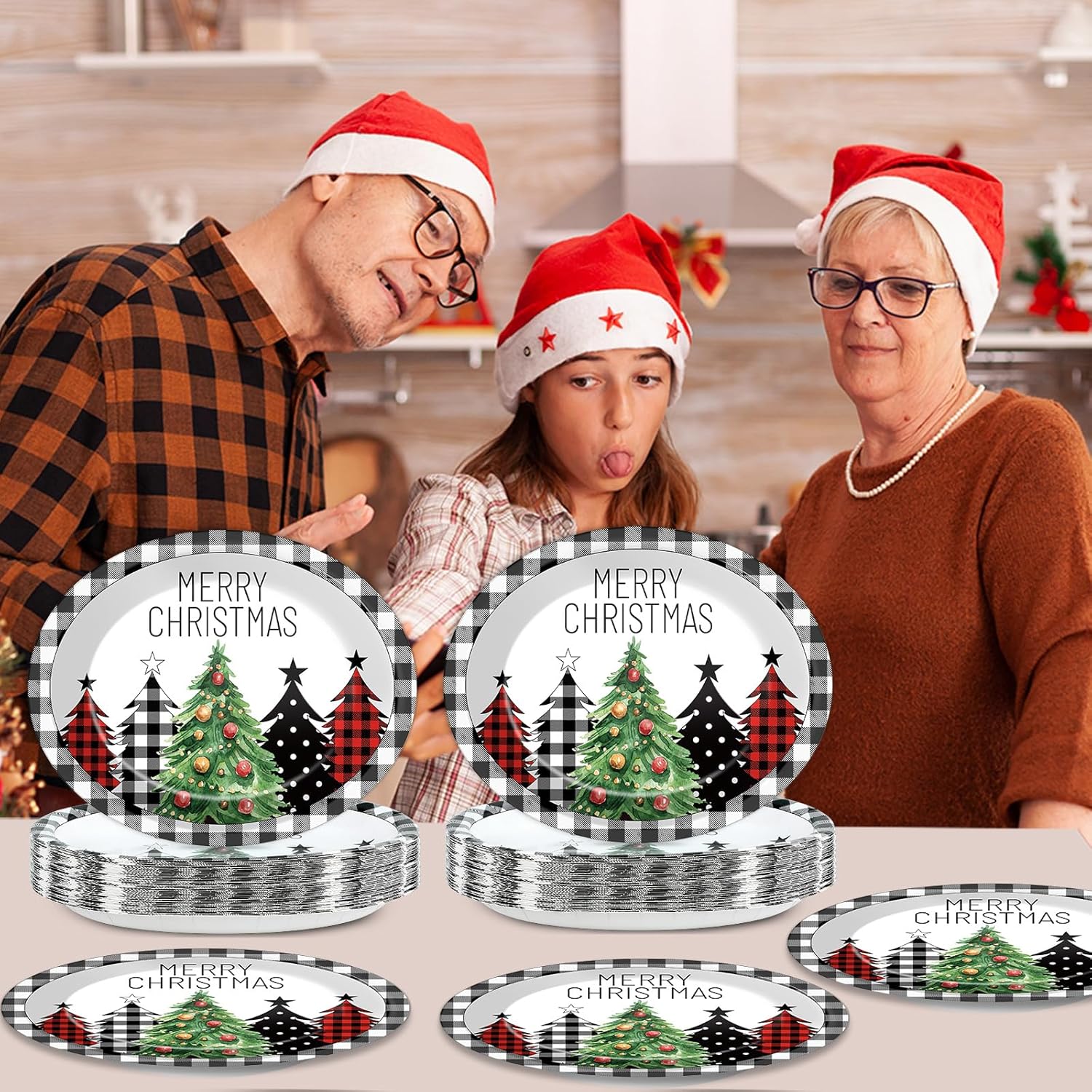 CHUNNIN 50Pcs Christmas Tree Plaid Paper Plates