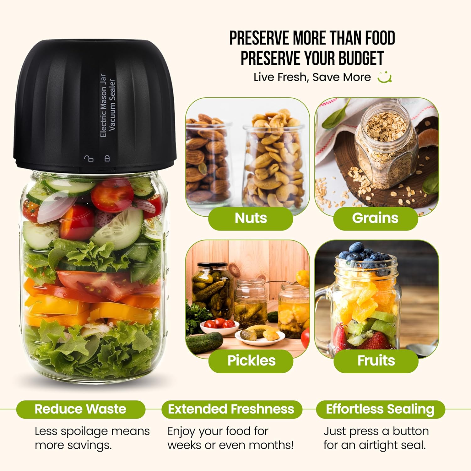 Lumo 3-in-1 Mason Jar Vacuum Sealer with Rechargeable Battery