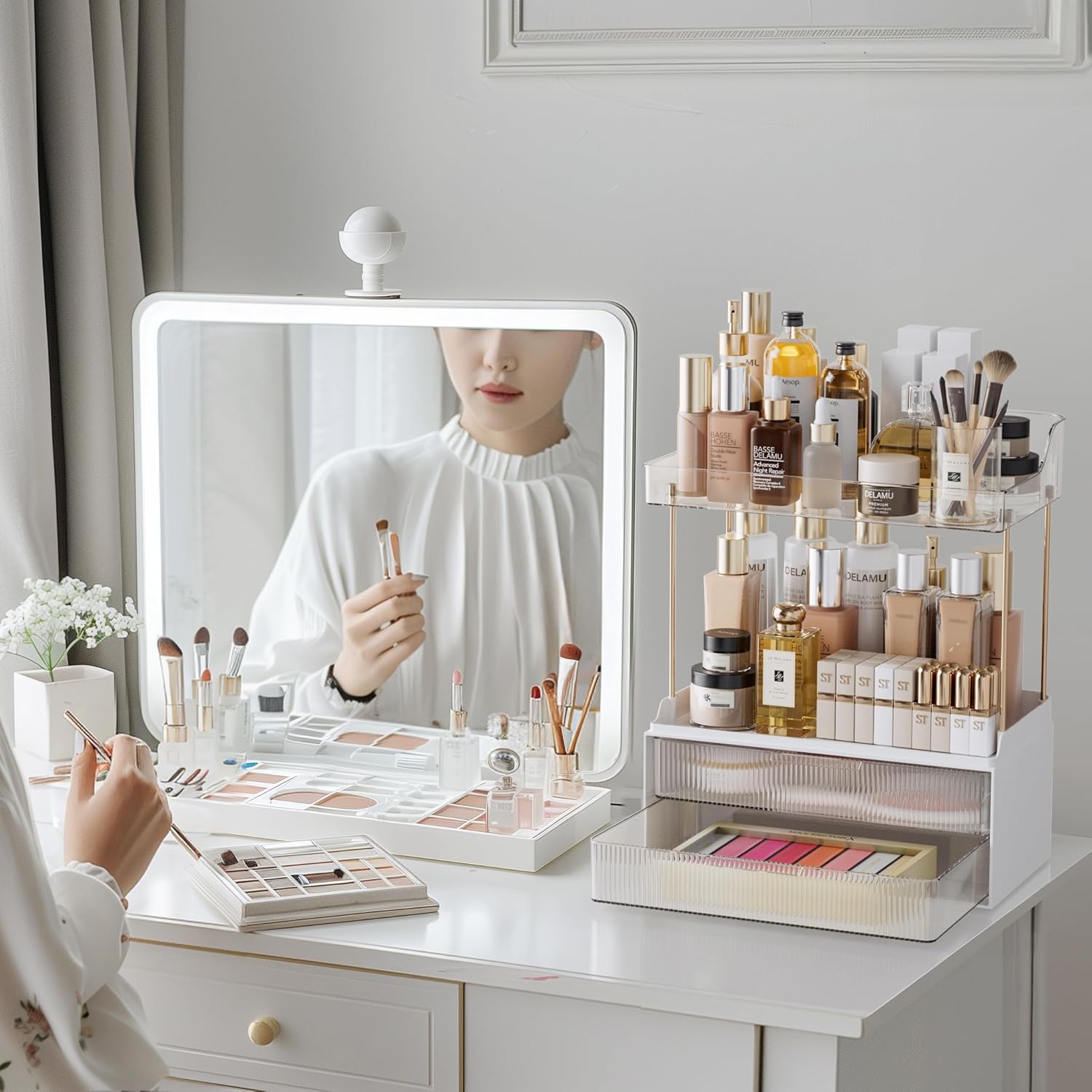 Delamu 2-Tier Makeup Organizer With 2 Drawers Clear