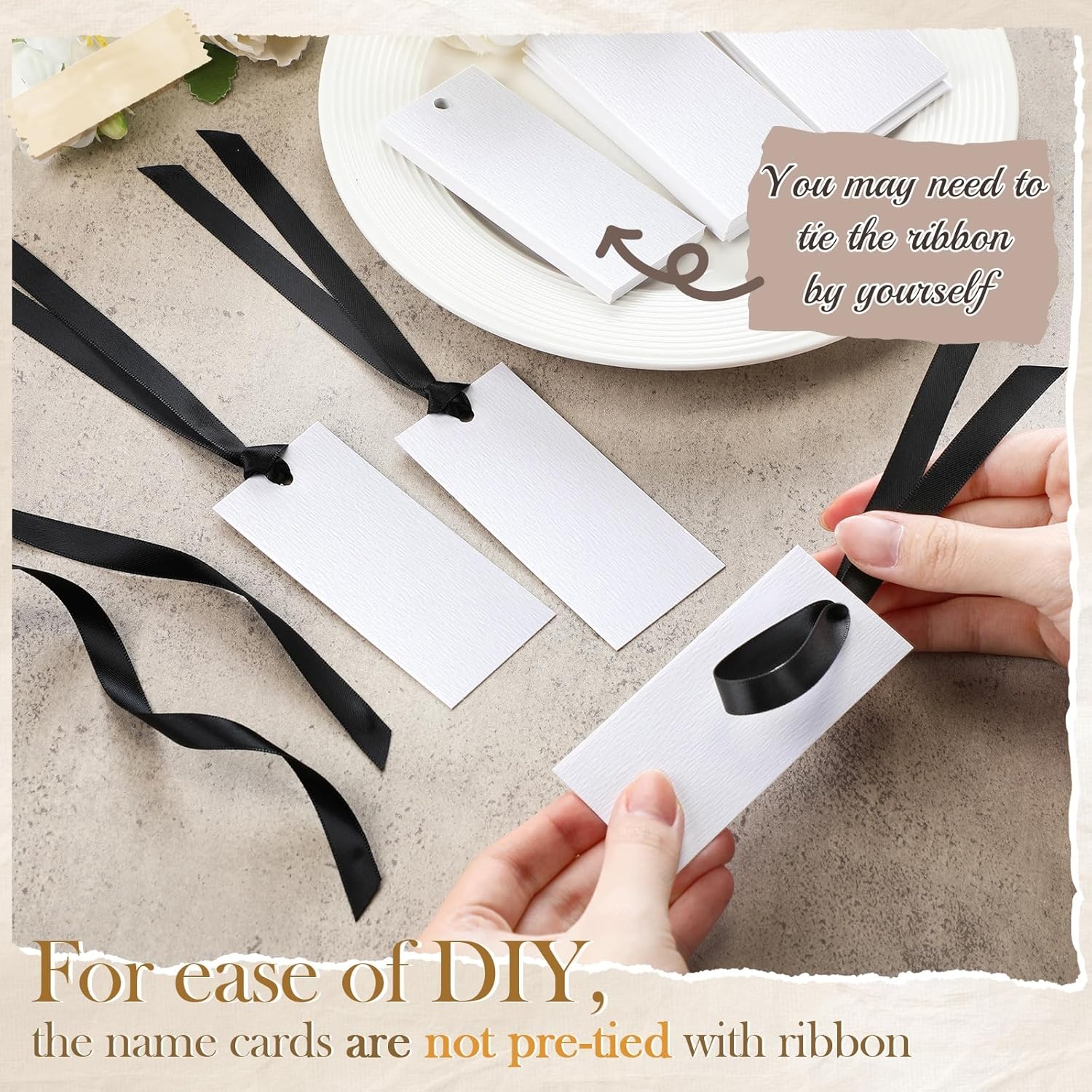 50 Pcs Black Place Cards with Satin Ribbons for Wedding Banquet