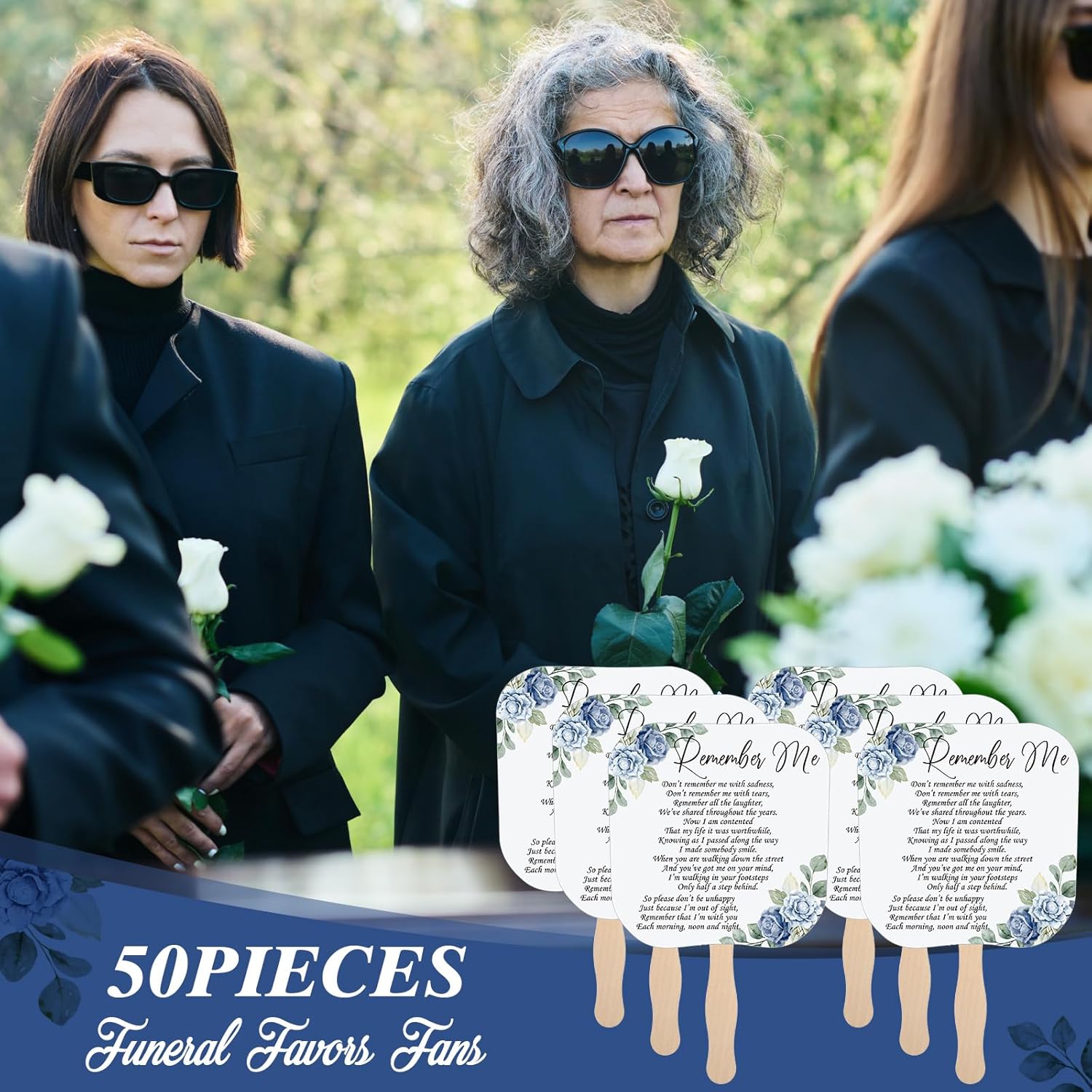 Teling 50 Pcs Blue Rose Memorial Fans with Wooden Handles