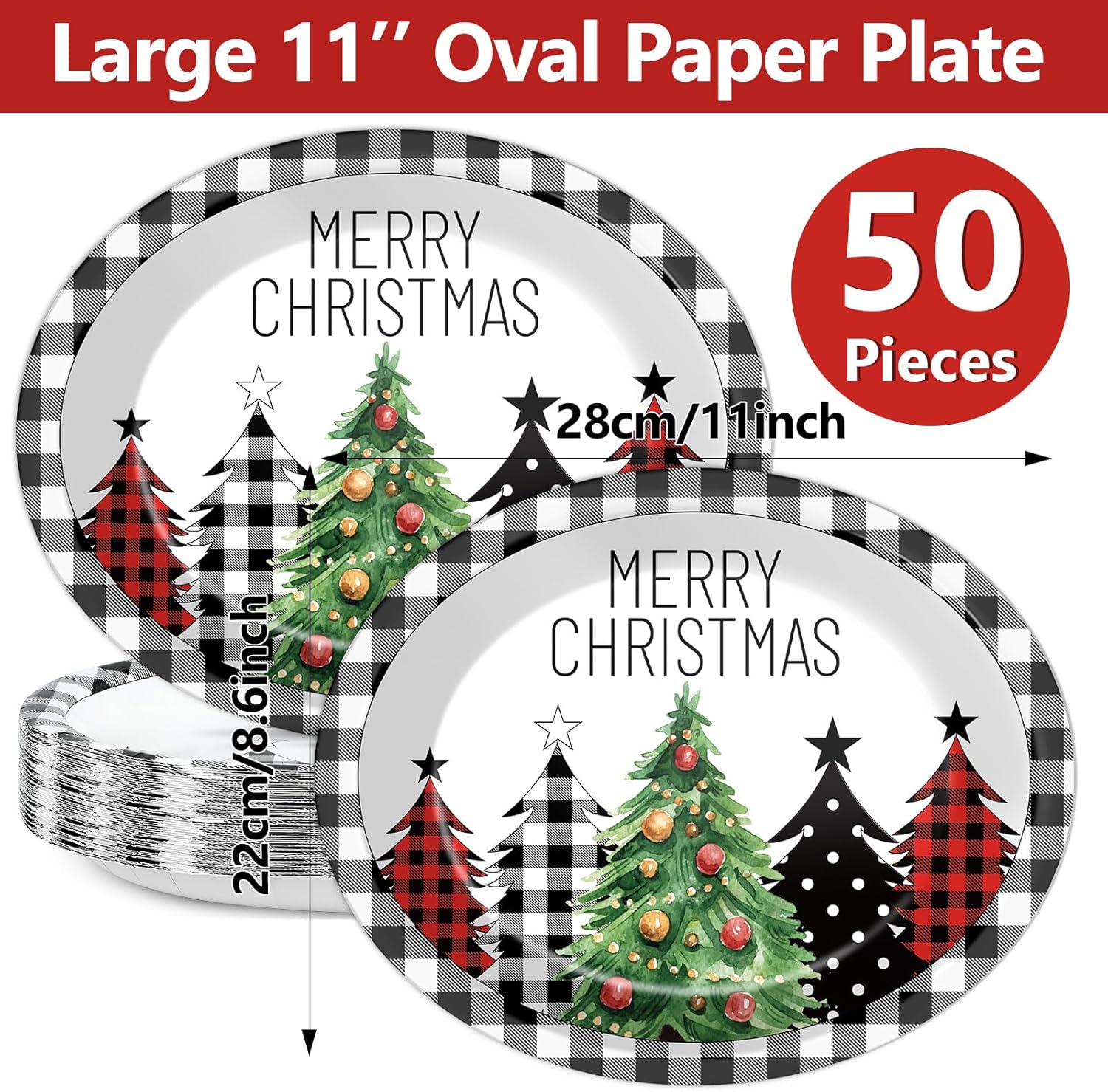 CHUNNIN 50Pcs Christmas Tree Plaid Paper Plates