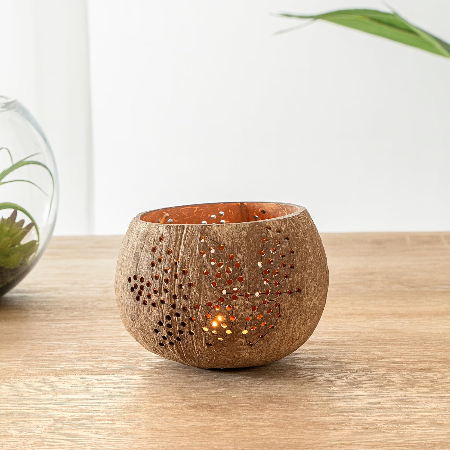 Restaurantware Coco Casa Coconut Shell Candle Holders Leaf Pattern Reusable 4x33 Inch