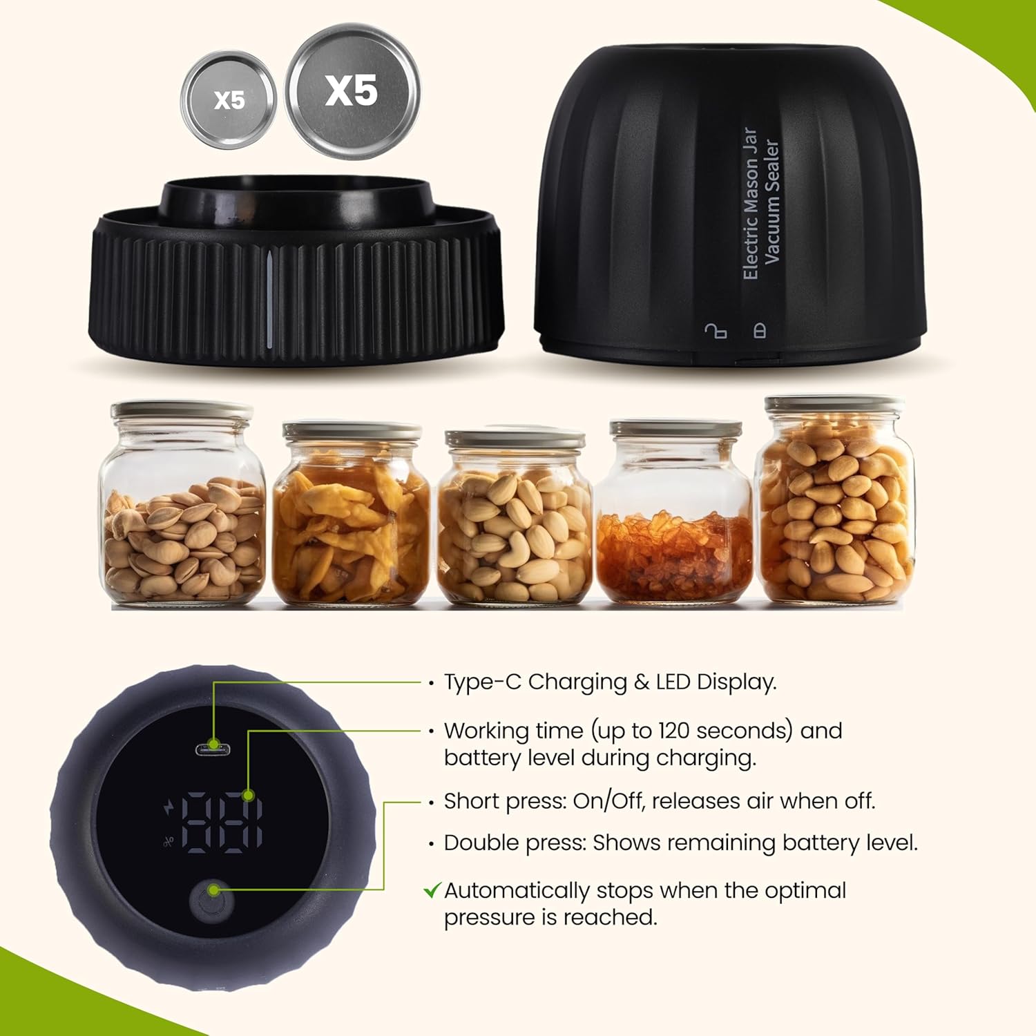 Lumo 3-in-1 Mason Jar Vacuum Sealer with Rechargeable Battery