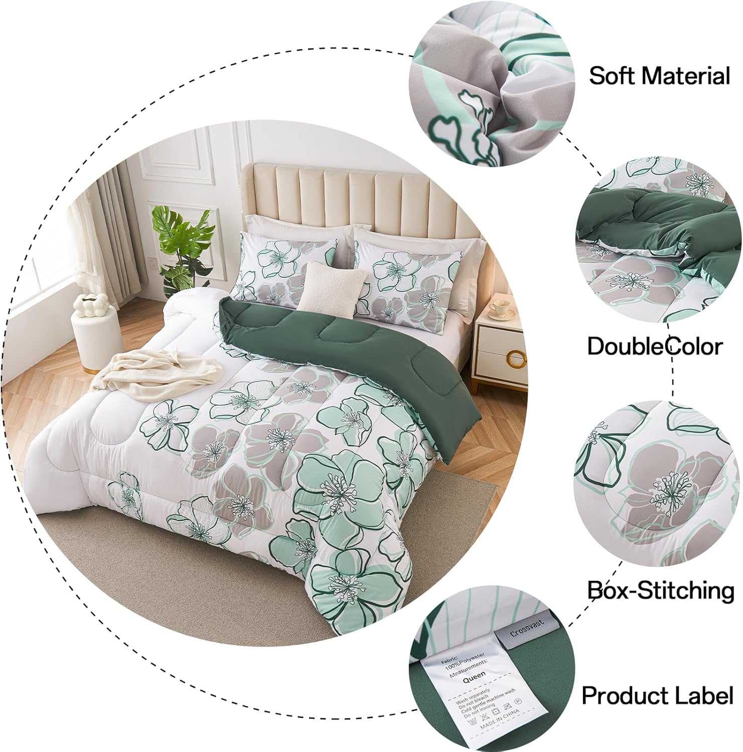 Crossvast 3 Piece Queen Comforter Set with Leaf Design