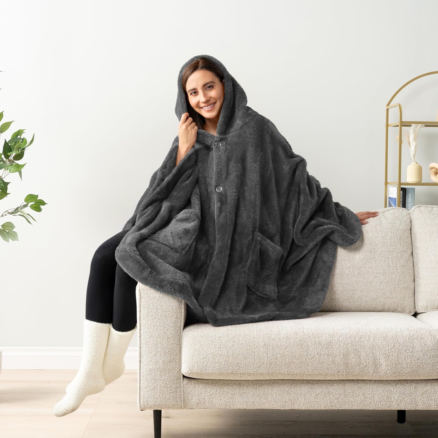 PAVILIA Dark Gray Hooded Blanket Poncho for Women