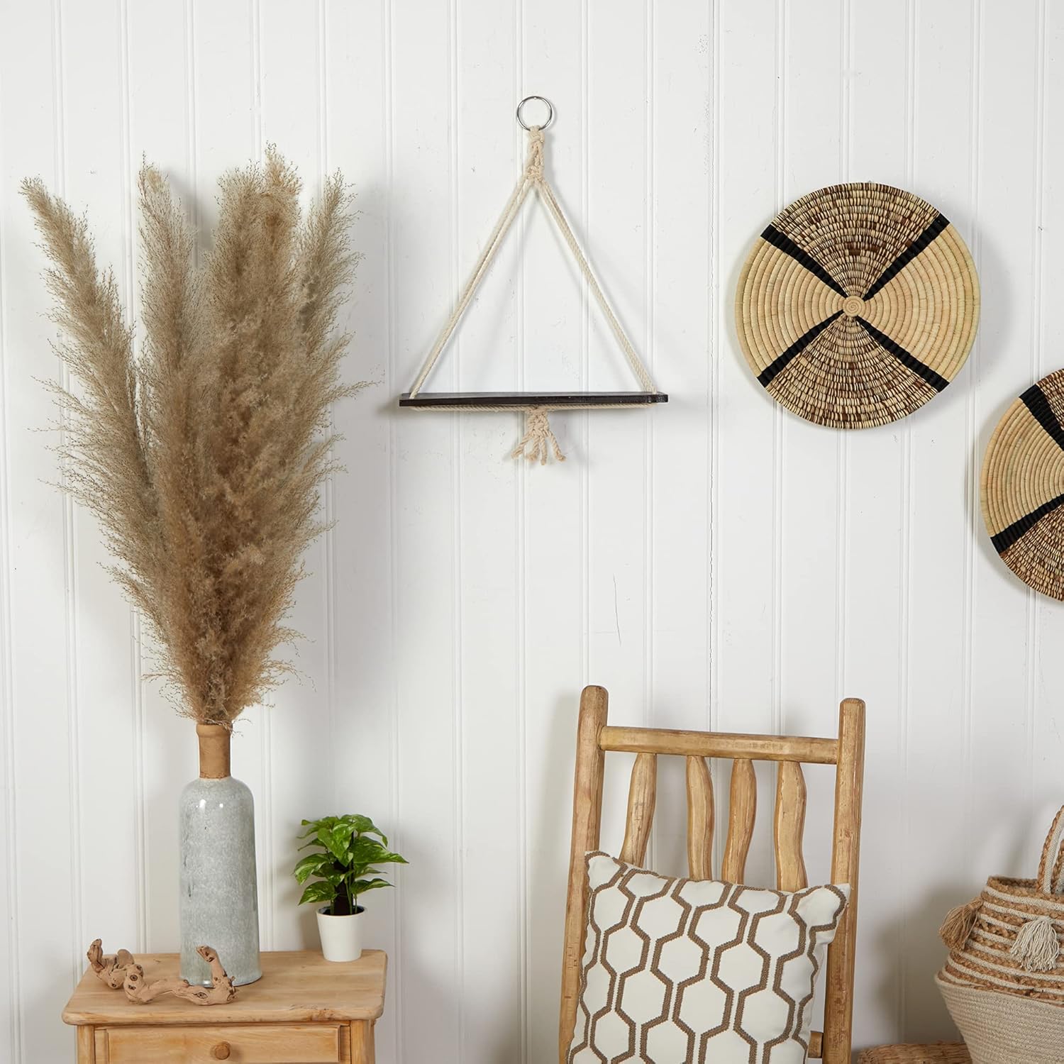 Nearly Natural 18x16 Inch Handcrafted Macrame Wall Hanging with Wooden Shelf