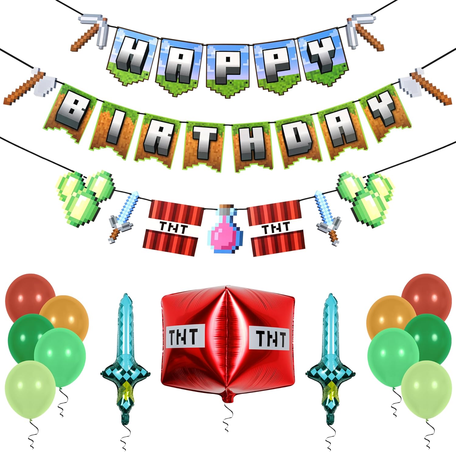 Pirese Pixel Birthday Banner with Foil Balloons and Sign