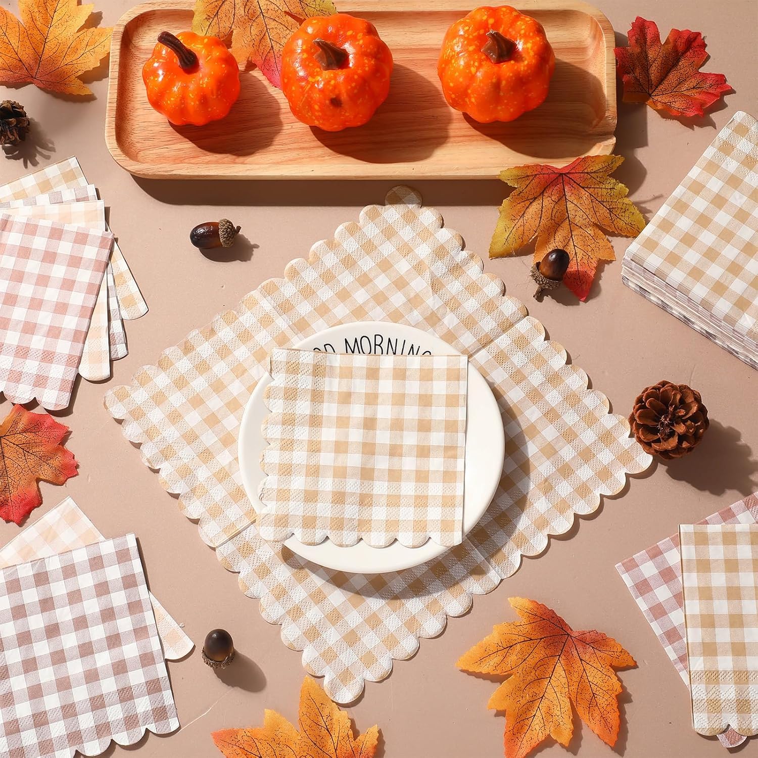 240 Pcs Scalloped Gingham Plaid Cocktail Napkins Khaki