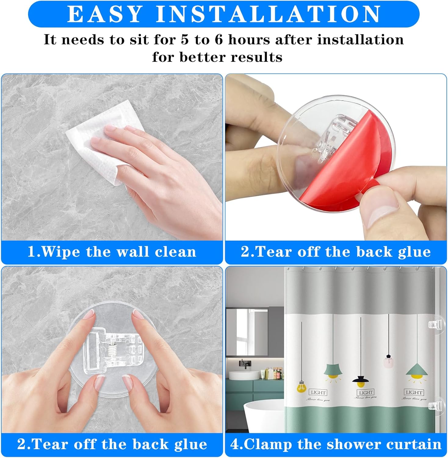 4 Pack Clear Shower Curtain Clips with Self Adhesive Windproof Splash Guard