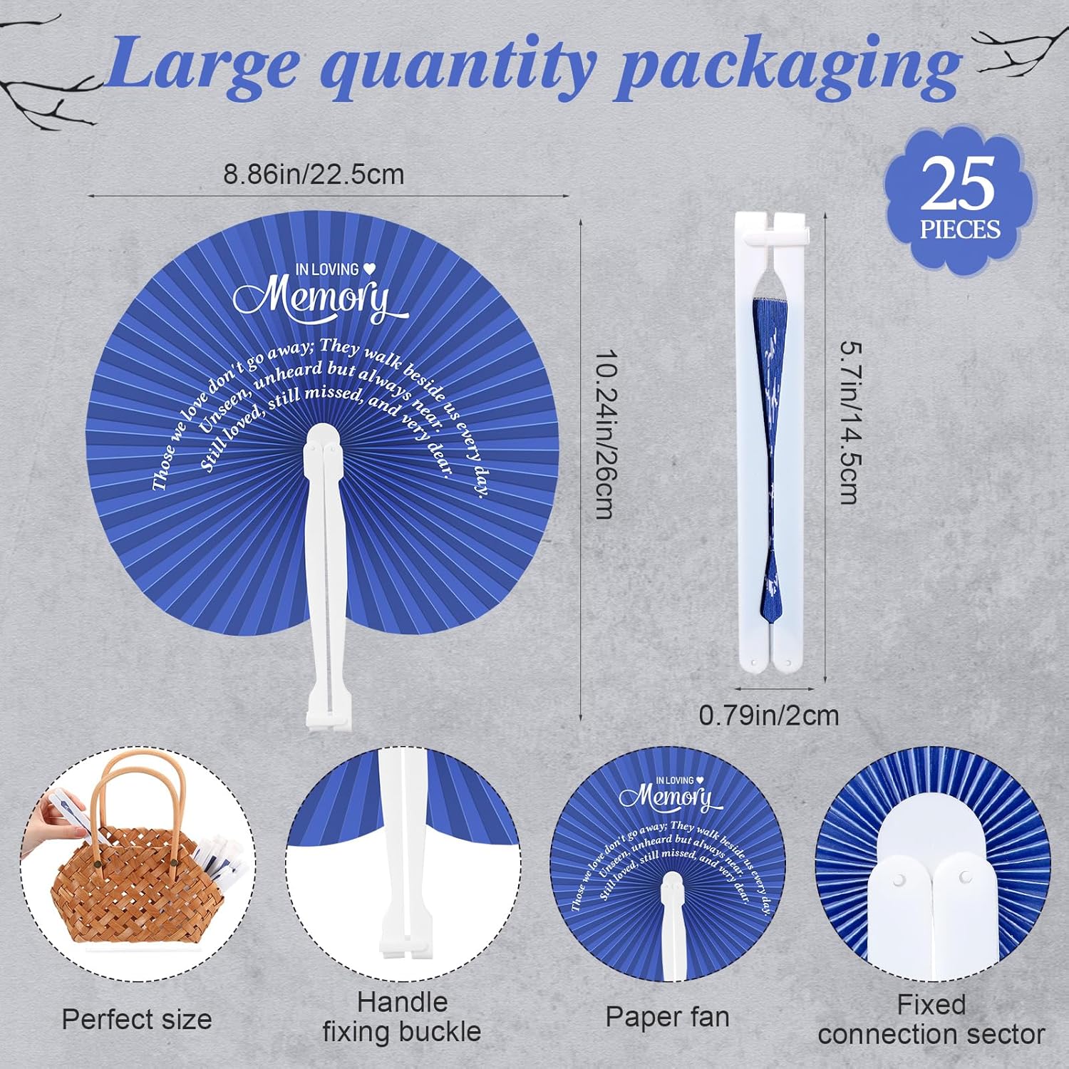 Roowest 25 Pcs Blue Memorial Folding Fans for Funerals