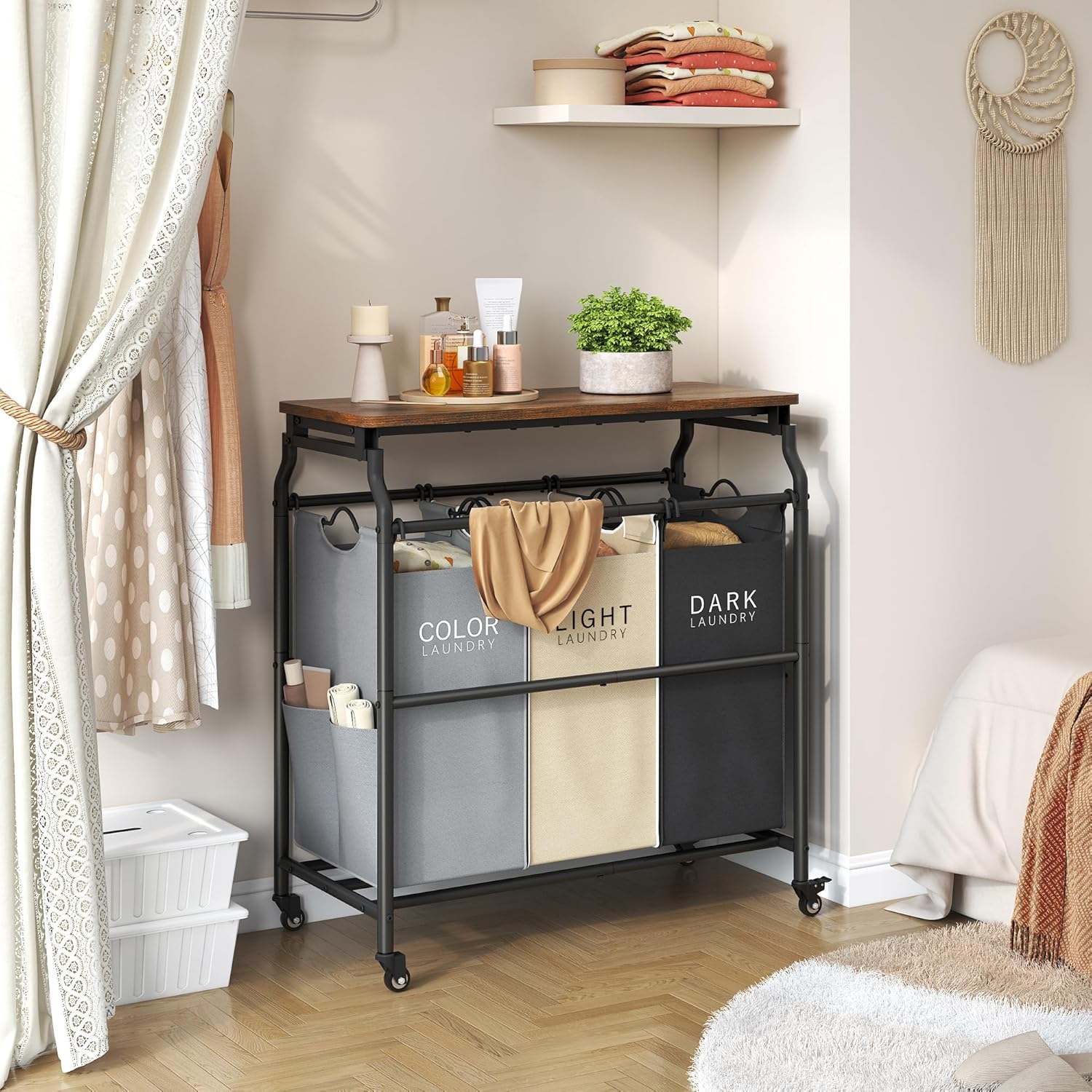 Hoctieon 3 Section Laundry Sorter Cart with Ironing Board