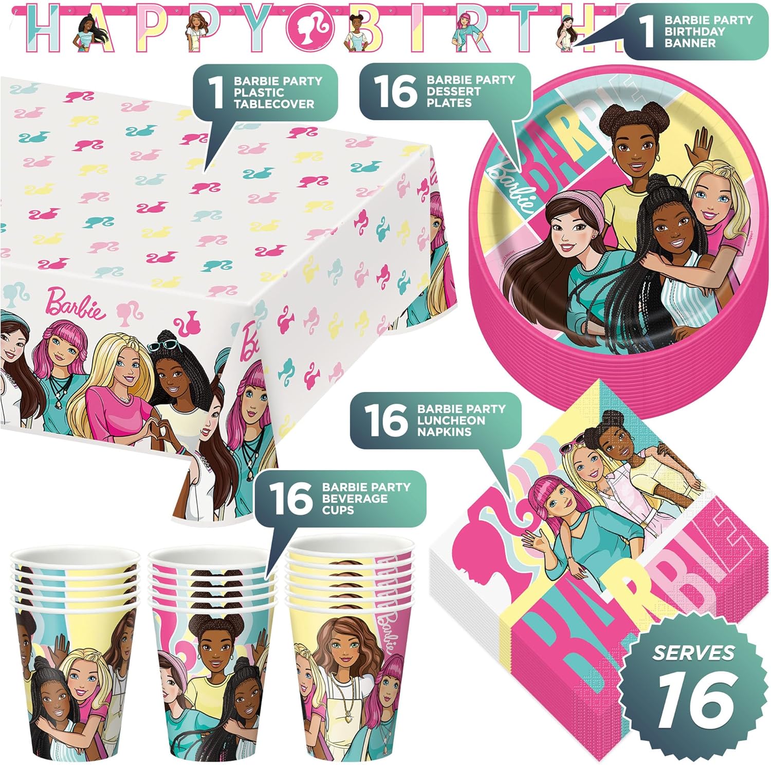 Barbie and Friends Birthday Party Pack 16 Plates Napkins Cups