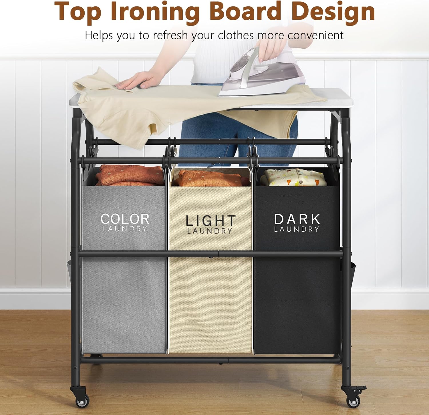 Hoctieon 3 Section Laundry Sorter Cart with Ironing Board
