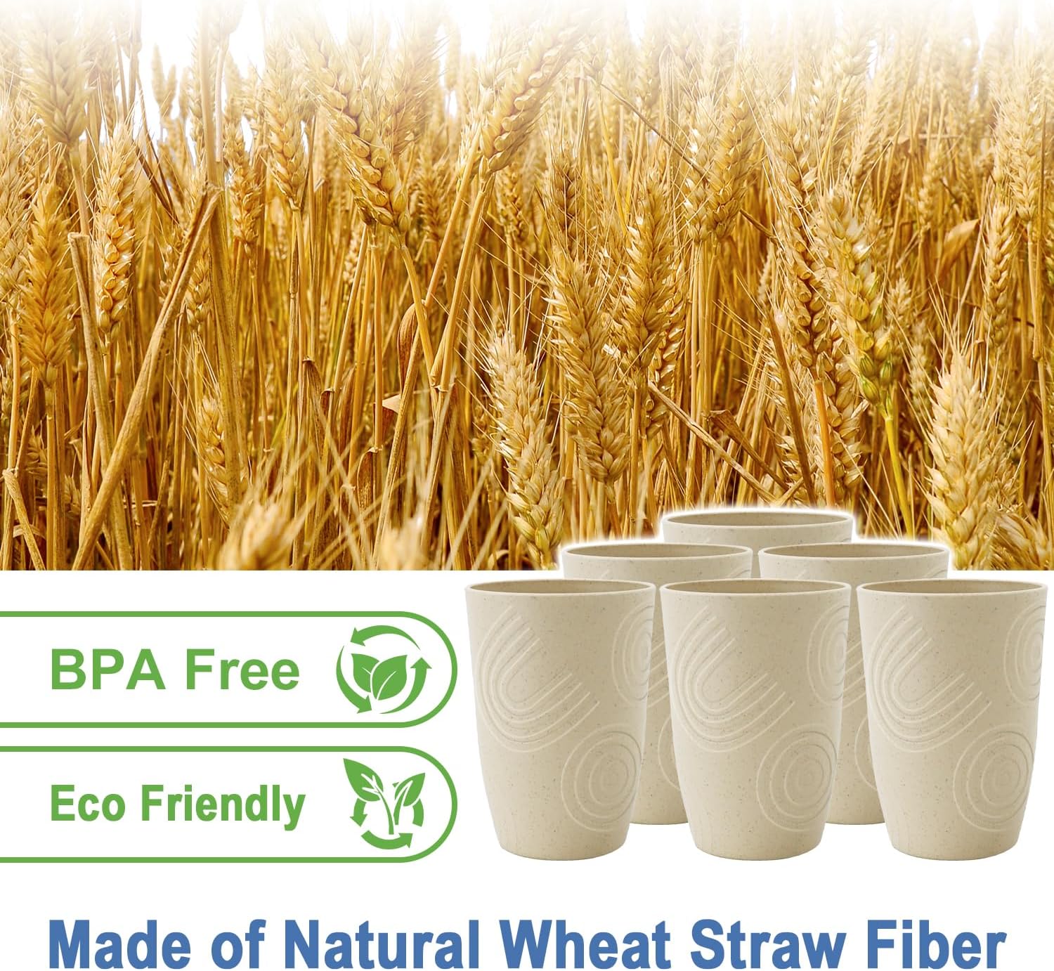 BUSOKIP Wheat Straw Cups 6 Pack 16 Oz Reusable