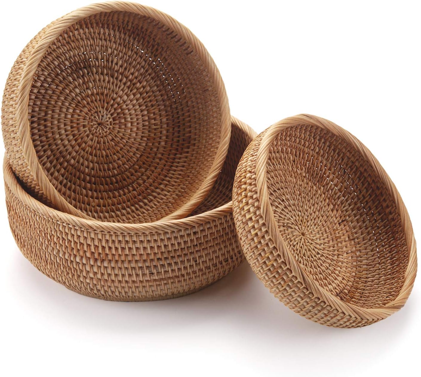 DECRAFTS Round Rattan Fruit Baskets Stackable Set of 3