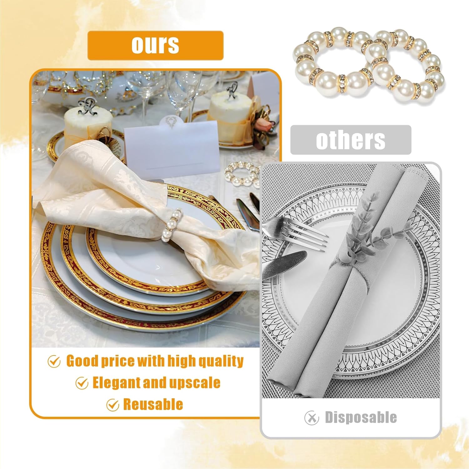 Eunika 100Pcs Gold Disposable Napkin Rings Beaded Decorative Holders
