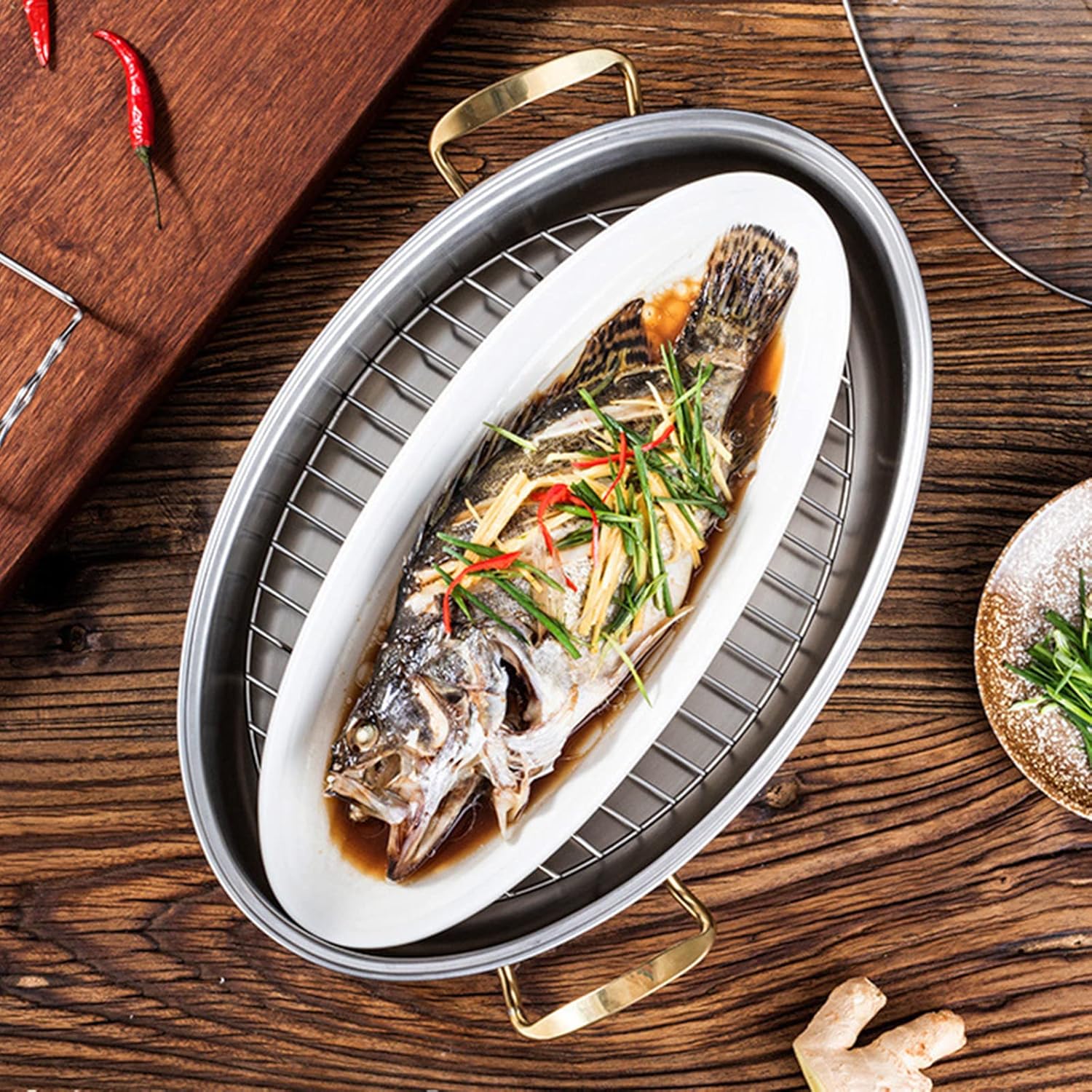 SVRITE Stainless Steel Fish Steamer Oval Pasta Pot Braiser