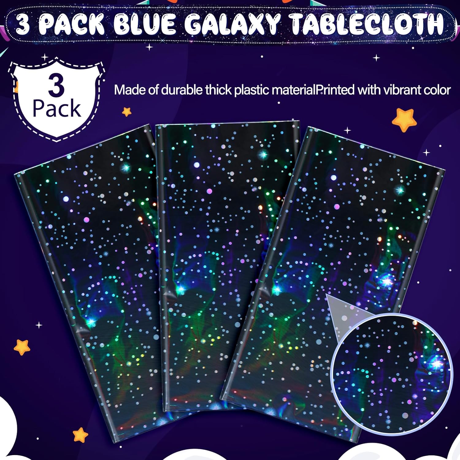 3Pcs Iridescent Space Tablecloths 54x108 Inch Blue Galaxy Party Decorations